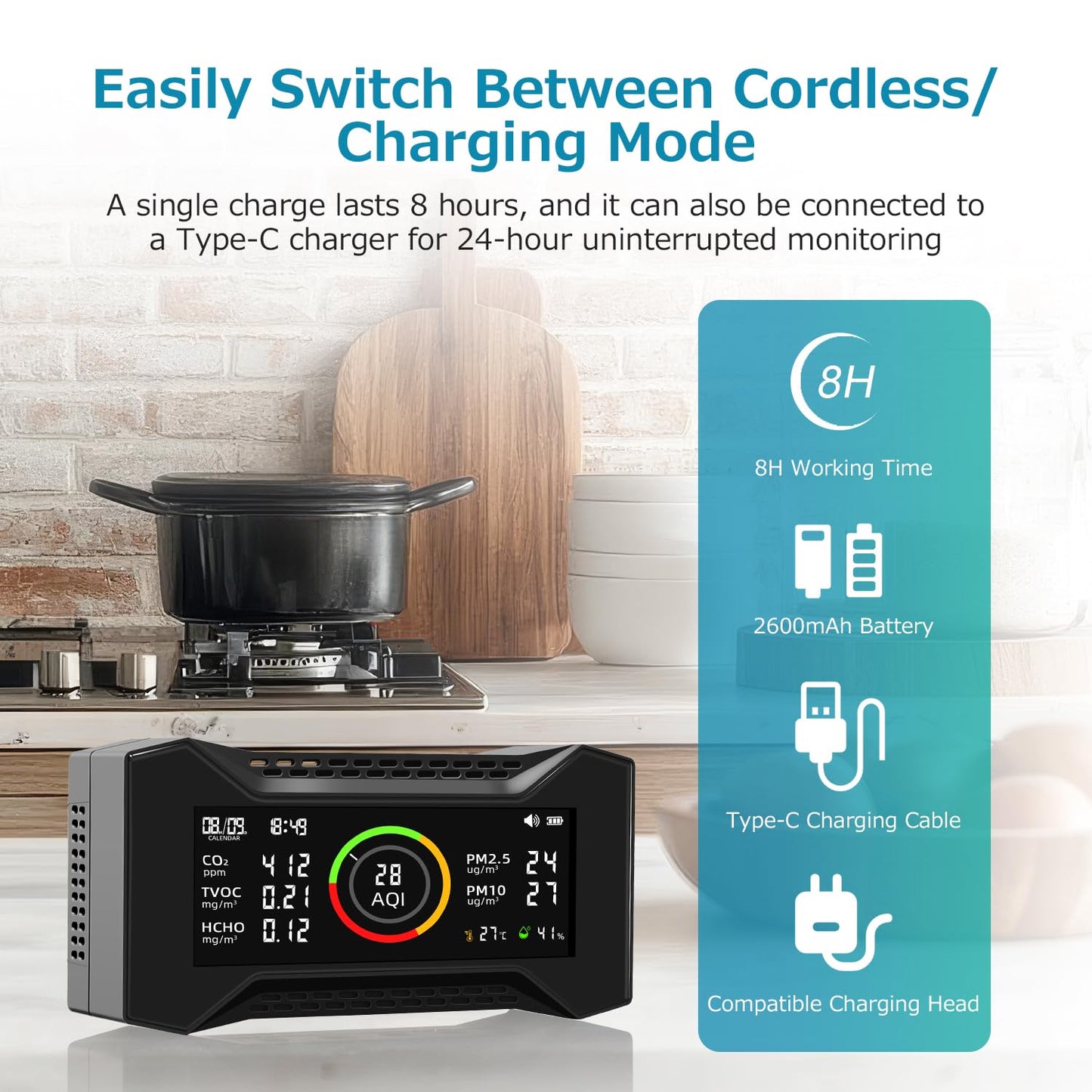 Air Quality Monitor Indoor, Simbow CF-20 8-in-1 CO2 Monitor Air Quality Tester for (PM2.5, PM10, CO2, VOC, Formaldehyde, Humidity, Temp) Air Quality Meter for Home