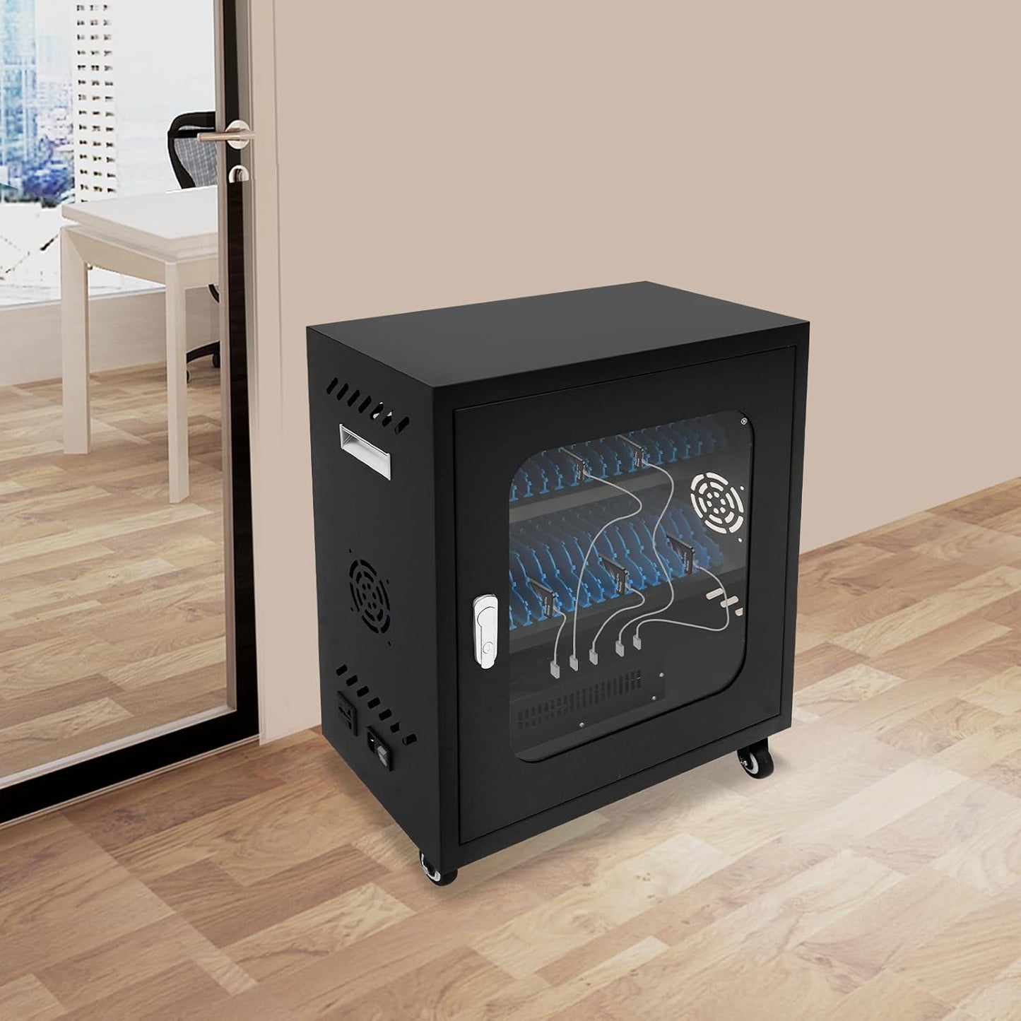 40-Port Mobile Phone Charging Station Cart - Heavy Duty Charging Cabinet for Schools & Offices, 400W Rechargeable Cellphone Locker Storage Lockable Tempered Glass Door & Wheels (Black)