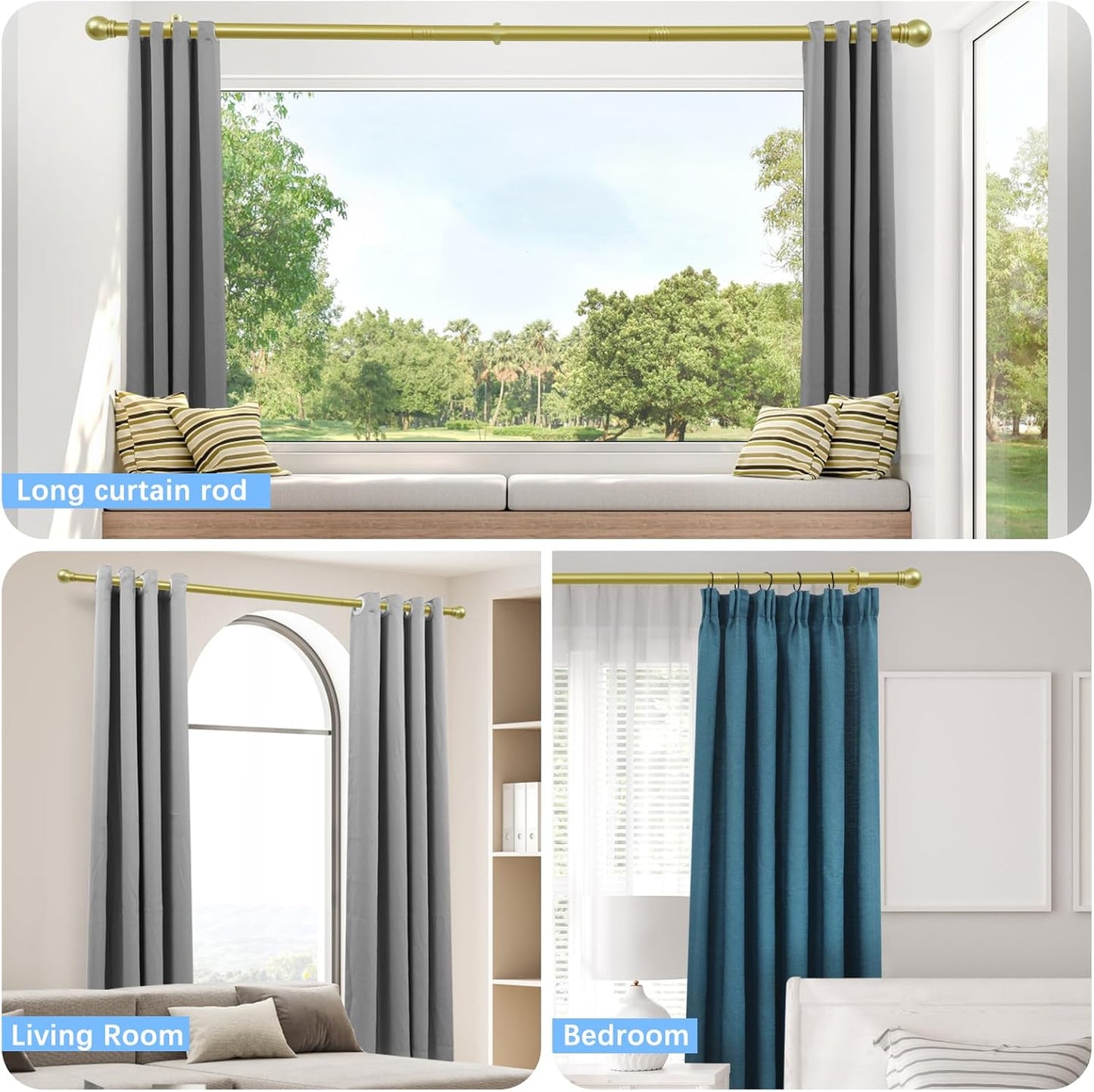 Curtain Rods for Windows 16 to 76 Inches, Curtain Rod Max Adjustable Length of 88 IN, 6/8" Diameter Drapery Rods Round Finials, Warm Gold, Pack of 2