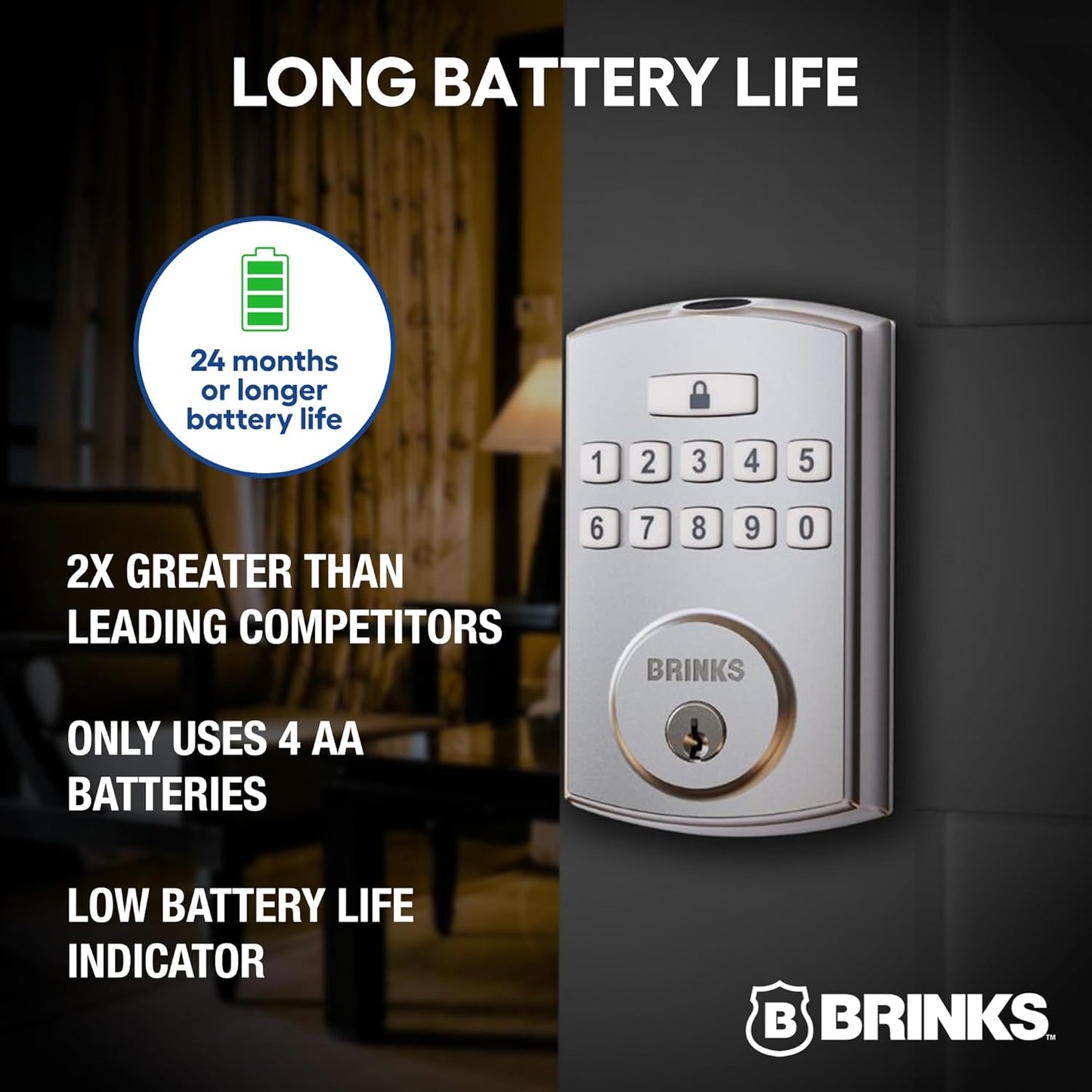 BRINKS Security Door Locks, High-Security Keyless Entry, Smart Electronic Door Lock with Deadbolt, Up to 50 Codes, Automatic Locking (Deadbolt & Passage Lever, Satin Nickel)