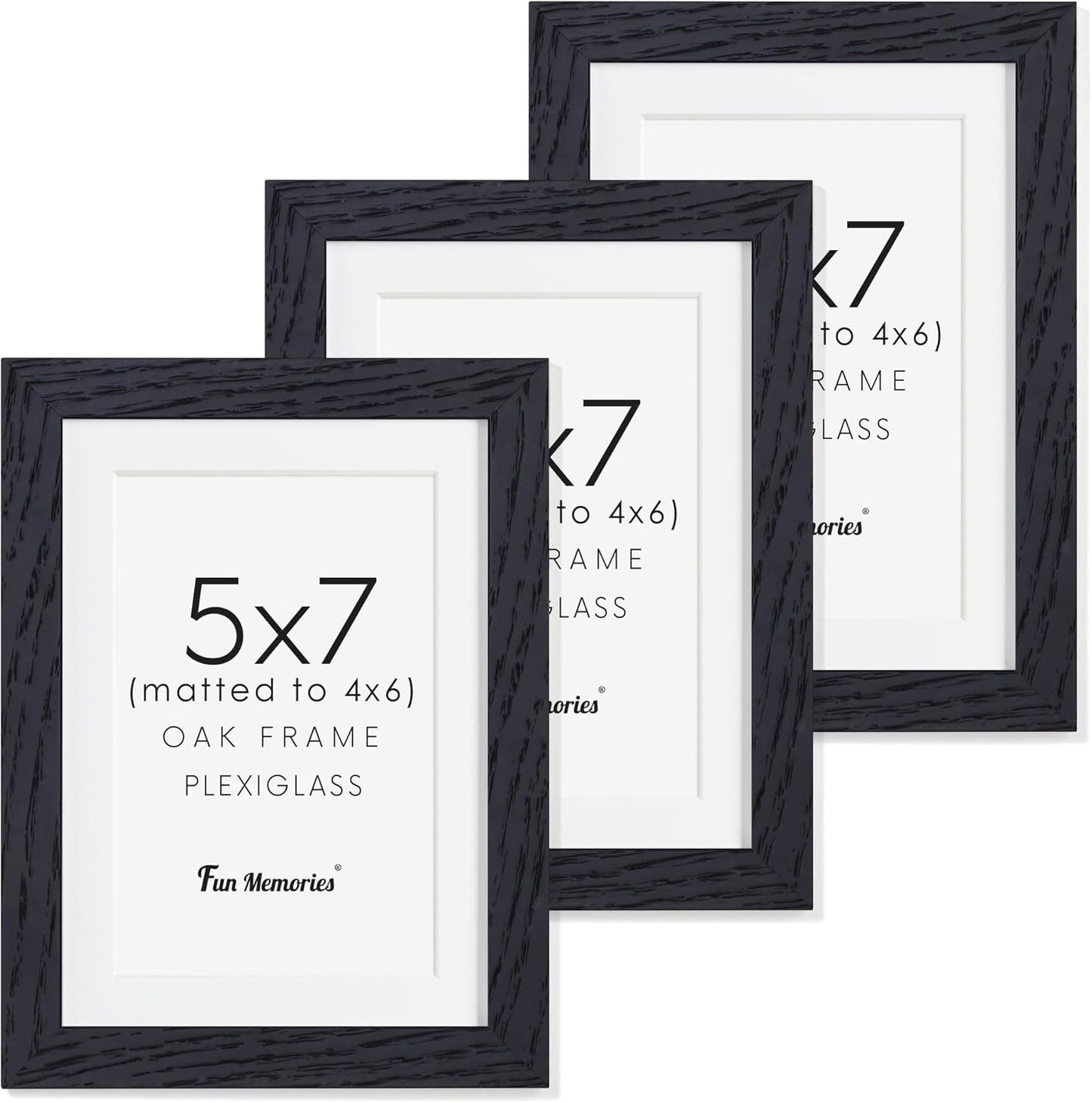 5x7 Picture Frame, Solid Oak Wood 5 x 7 Frame with Plexiglass, 5 by 7 Photo Frame for Wall & Tabletop Display, 5x7 Picture Frame Matted to 4x6, Black Color, 3 Pack