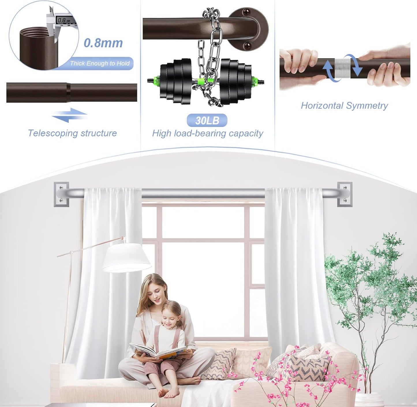 Bronze Wrap Around Curtain Rods 28 to 60 Inch:Blackout Heavy duty Adjustable Window Curtain Rod for Bedroom,Industrial Darkening Curved French Metal Single Drapery Rods Set Easy Install,Brown