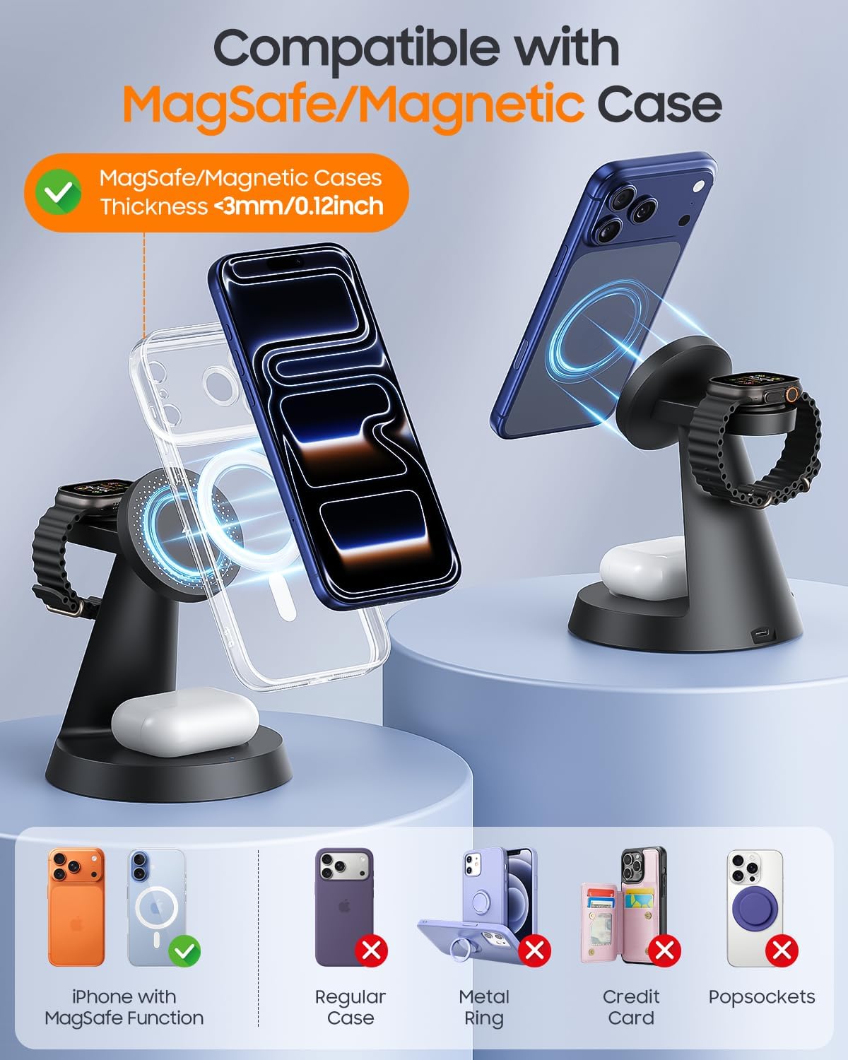 3 in 1 Magnetic Charging Station for Apple Devices, 15W Fast Wireless Charger Compatible with MagSafe Charging Stand Dock for iPhone 17 16 15 14 13 12, Watch Charger Stand for Apple Watch & Earbuds