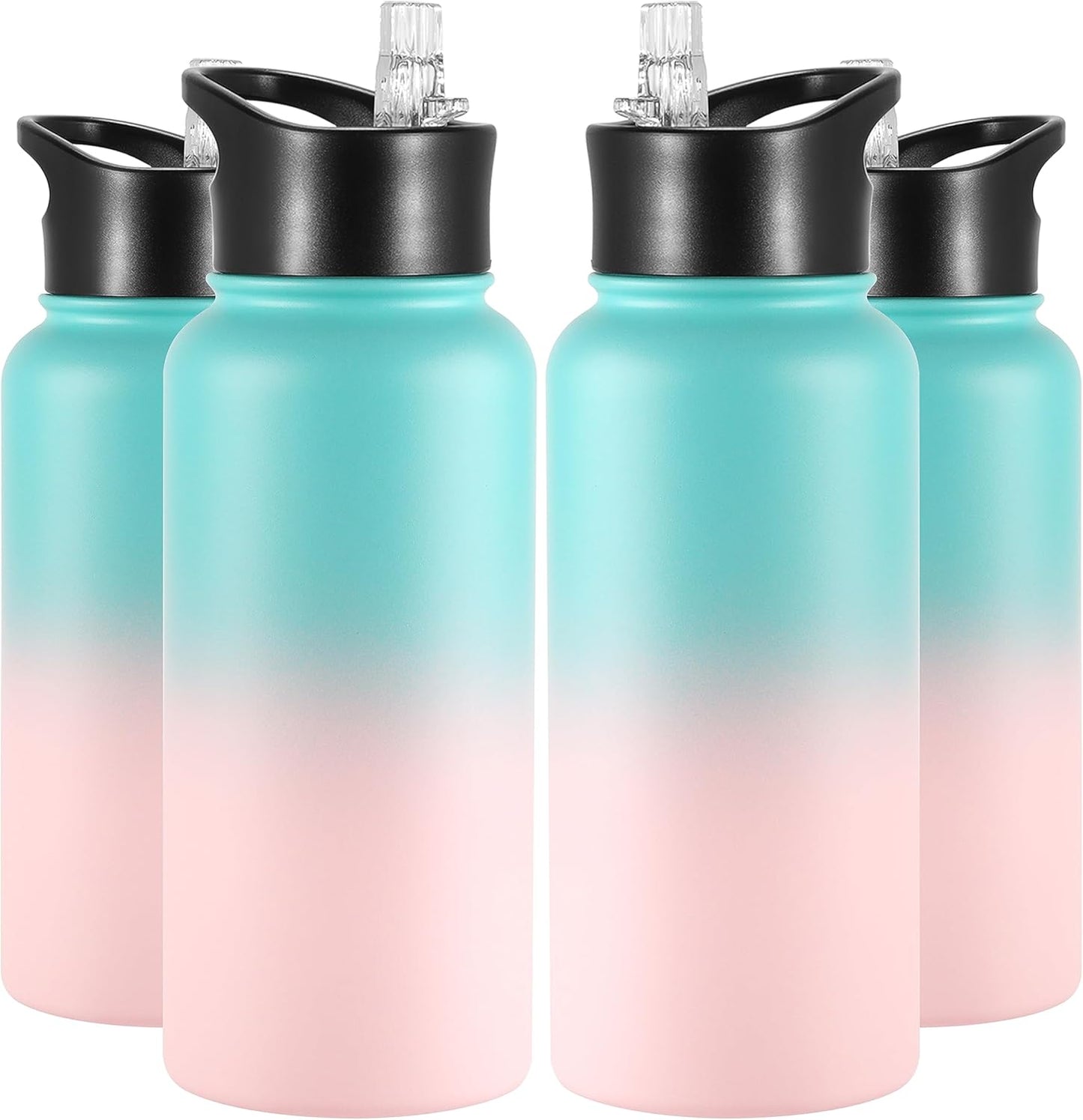 VEGOND 32 oz Insulated Water Bottle Bulk Stainless Steel Metal Water Bottles with Leak Proof Straw Lid & Spout Lid, Wide Mouth Double Walled Vacuum Travel Sports Bottle, 4 Pack