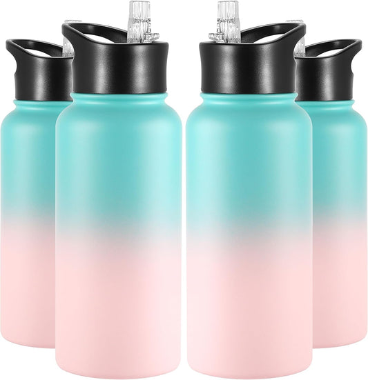 VEGOND 32 oz Insulated Water Bottle Bulk Stainless Steel Metal Water Bottles with Leak Proof Straw Lid & Spout Lid, Wide Mouth Double Walled Vacuum Travel Sports Bottle, 4 Pack