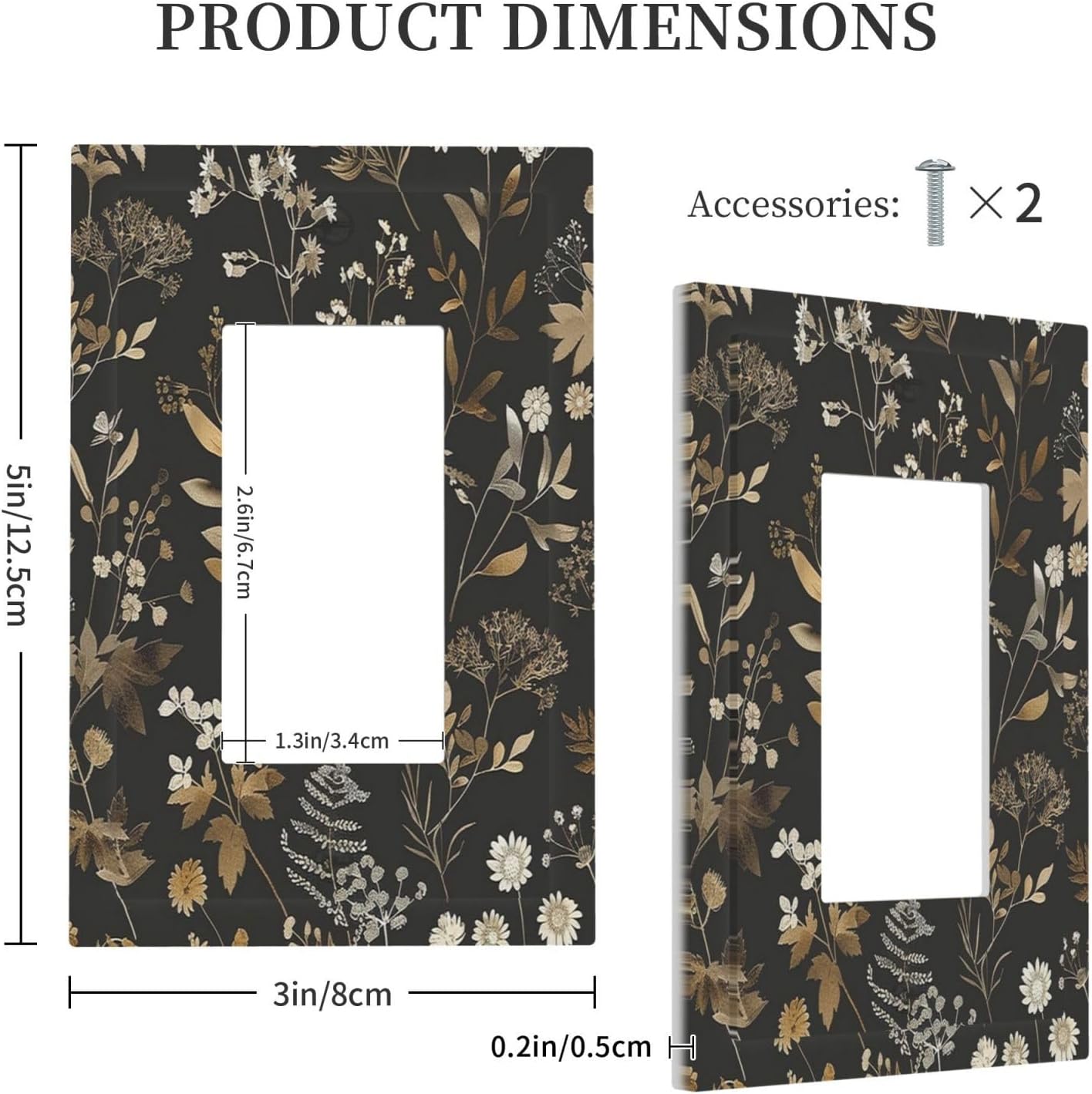 Decorative Outlet Covers Black Gold Floral Dark Leaves Vintage Flowers 1 Gang Single Rocker Light Switch Cover Plate Wall Plates GFCI Faceplate for Bed Room Home Decor