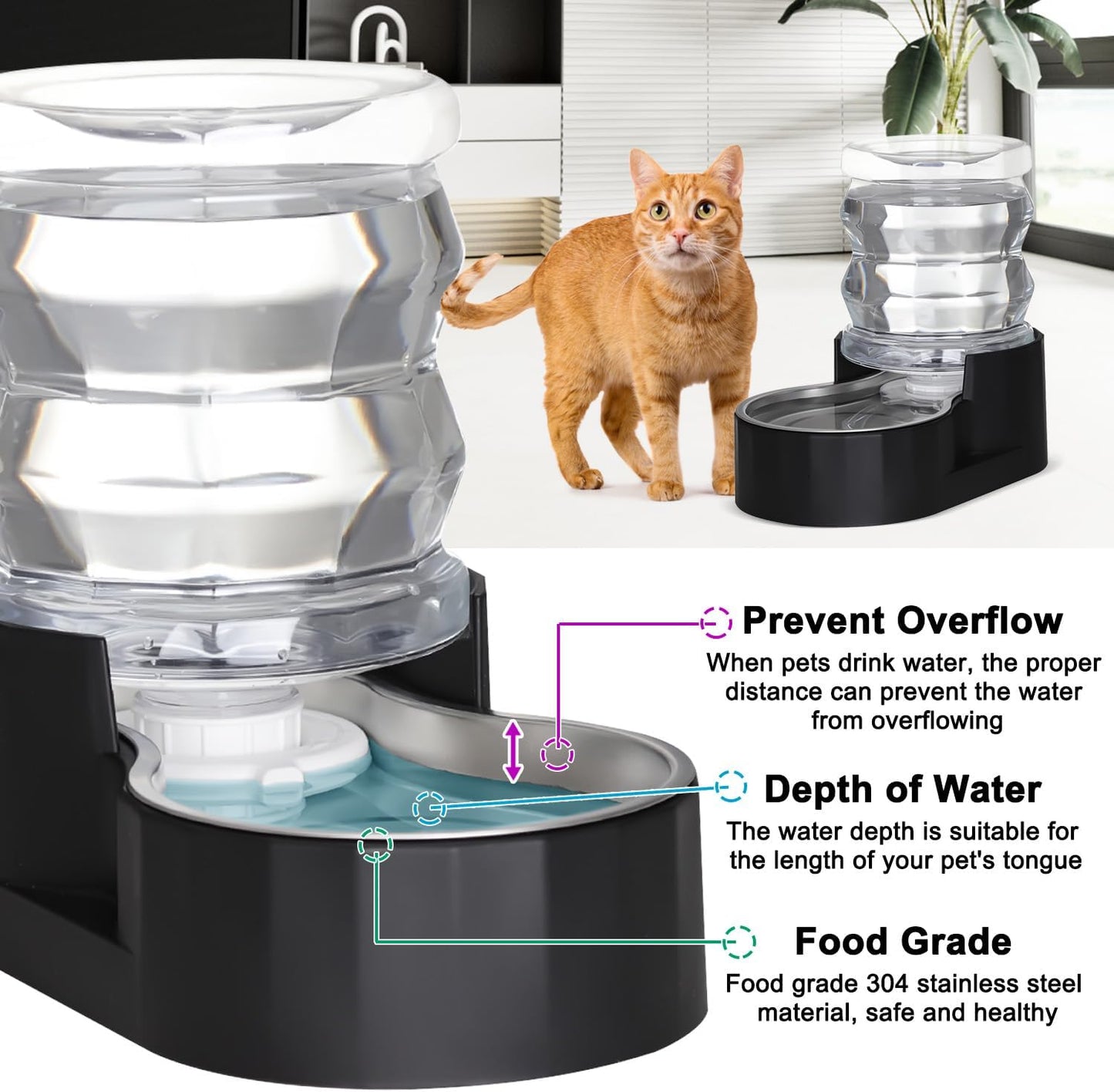 RIZZARI Dog Food Water Dispenser: 4L Large Black Stainless Steel Feeder with Triple Filter -Healthy Hydration for Pets in The Living Room - Garden and Study Room