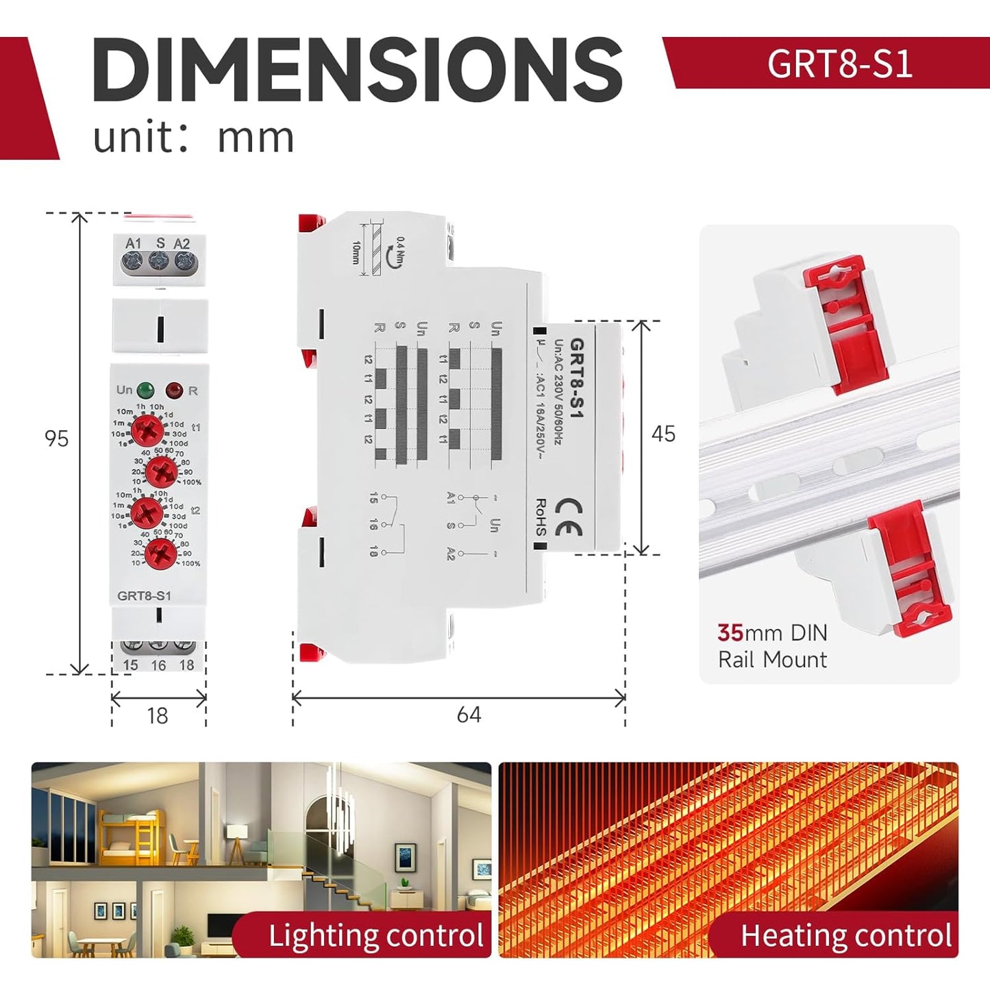 Asymmetric Cycle Timer Relay 1SPDT AC 230V 16A Long or Short Period Repeat Cycle Tntermittent Timer Electronic Relay in Din Rail (GRT8-S1 AC 230V)