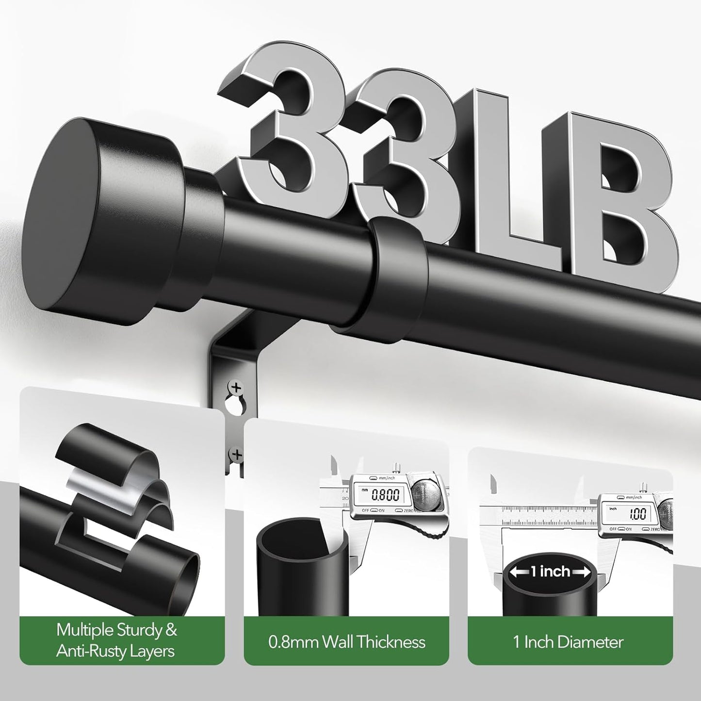 2 Pack Curtain Rods for Windows 72 to 144, 1 Inch Adjustable Black Heavy Duty Long Window Curtain Rod, Modern Style Indoor Outdoor Drapery Rods with End Caps, Size 32" - 150"