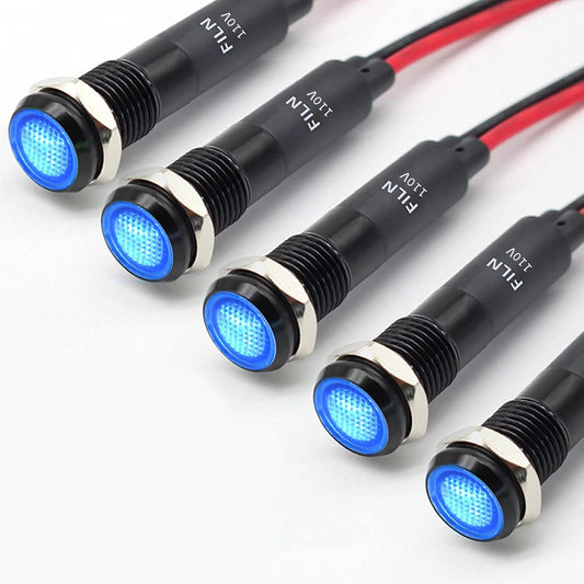 5Pcs 8MM (5/16'') Indicator Light 110v 120v Metal Pilot Lamp Lights Aluminum Black Anodized Waterproof ip67 Red Signal Lamp Light(110V-Black Anodized-Blue 5Pcs)