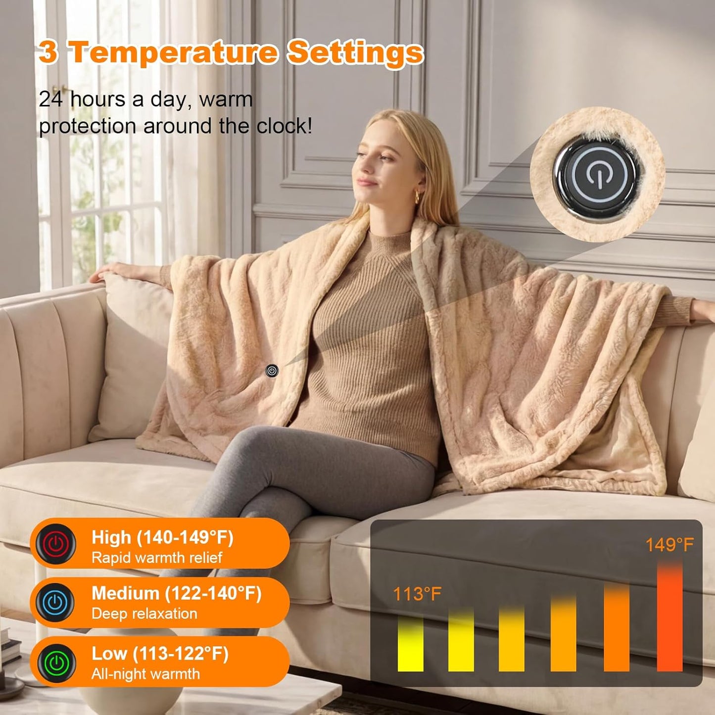 Cordless Heated Blanket Battery Operated with Fleece Lining 7.4V 16000mAh Battery Portable Wearable Heated Shawl for Women Men 6 Heating Zones 3 Fast-Heating Levels (Battery Included)