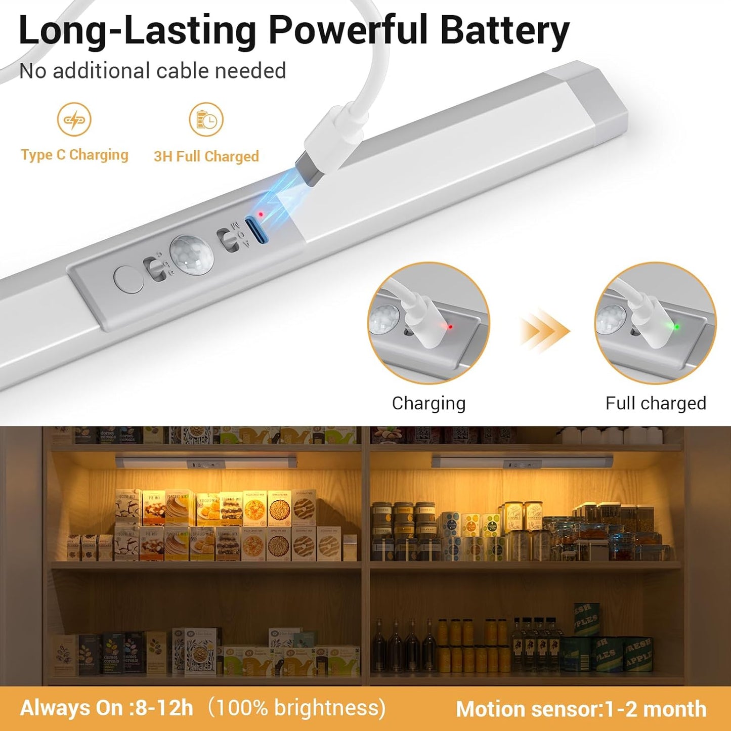 WOBANE Closet Lights Motion Sensored with Eye-Protection,Rechargeable LED Wardrobe Lighting with 3 Color,12 inch Dimmable Wireless Battery Operated Light Indoor for Stair,Pantry,Hallway,900mAh,2PCS