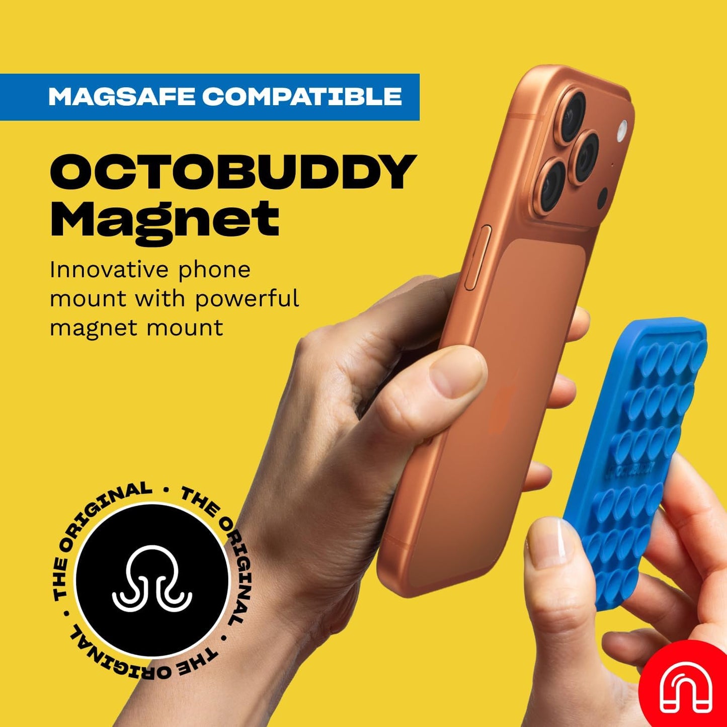 OCTOBUDDY Magnet - Dual Magnetic & Suction Phone Mount - Magnetic-Compatible Silicone Mobile Holder - Hands-Free Selfies & Videos - Content Creator Accessory - 2.6″ x 3.9″, Transparent