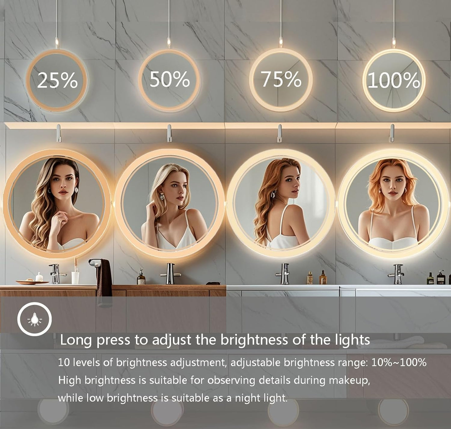 Wall-Mounted Round Bathroom Mirror with LED-Lights - 36 Inch Vanity Mirrors with Dimmable (36" x 36",Frameless)