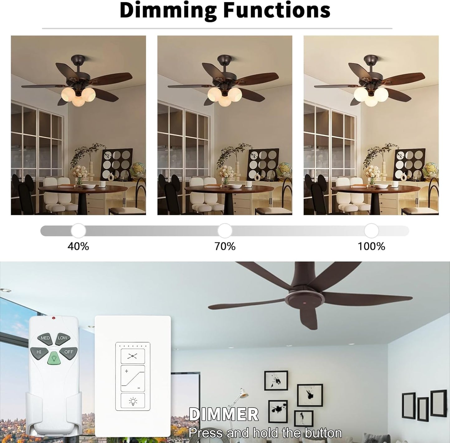 Universal Ceiling Fan Remote Control, Ceiling Fan Remote Control Kit and Dimmer Light Switch, Ceiling Fan Wall Switch UC9050T, Fan Remote Control Kit Compatible with Hampton Bay Harbor Breeze Hunter