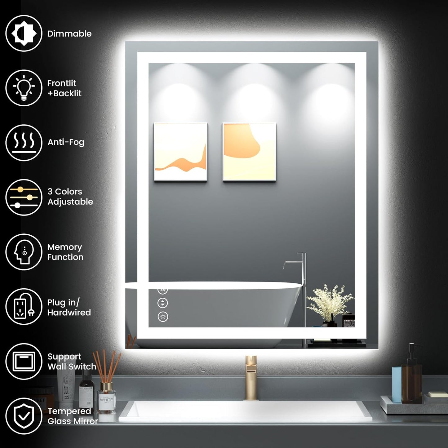 30X36 LED Bathroom Mirror with Lights, Anti-Fog, Backlit + Front Lit, Lighted Bathroom Vanity Mirror for Wall, Memory Function, Dimmable, Tempered Glass, Shatter-Proof