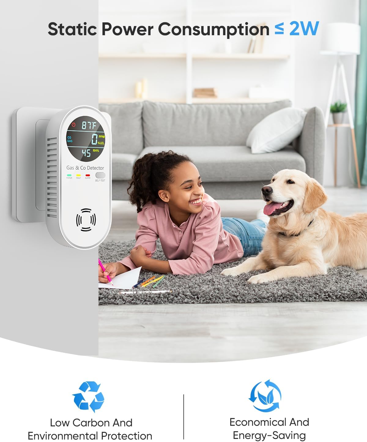 Carbon Monoxide Detectors & Natural Gas Detector, 4-in-1 Carbon Monoxide Detectors Plug in, Gas Leak Detector with Dual Alarms, Temperature & Humidity Sensor for Home, RV Essentials, White, 3 Packs