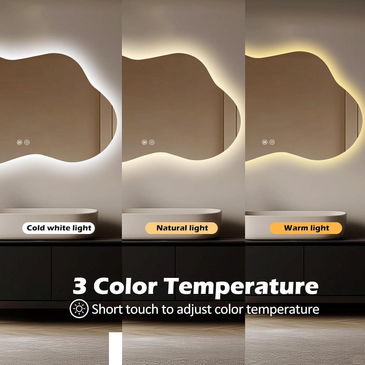 LED Bathroom Mirror with Lights 22x36, Stepless Dimmable Irregular Backlit Mirror with 3 Colors, Anti-Fog, Memory, Al-Alloy Lampshade, Frameless Smart Mirror for Bathroom (Horizontal/Vertical)