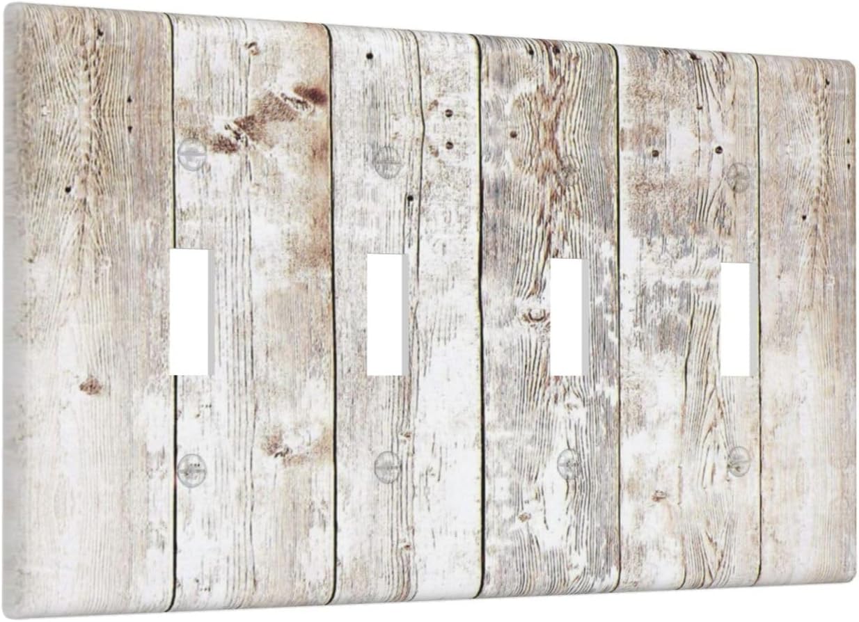 Vintage Light Wood Retro Rustic White Gray Oak Print Light Switch Covers Quad Toggle Electrical Faceplate 4 Gang Wall Plate Decorative Switch Plates Cover for Farmhouse Home Decor
