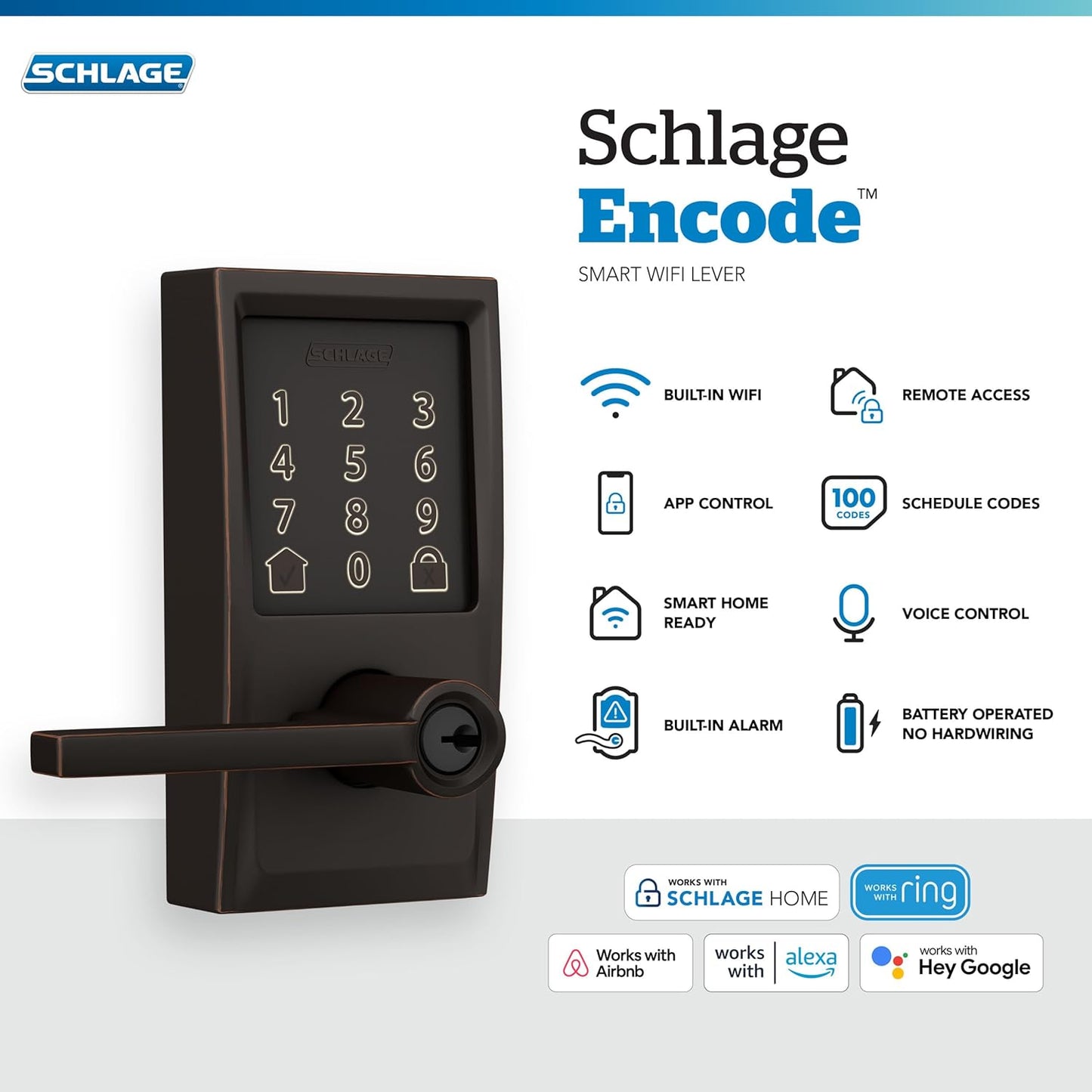 Schlage FE789WBCEN716LAT Encode Century WiFi Latitude Lever Smart Keyless Entry Touchscreen Door Lock, Aged Bronze