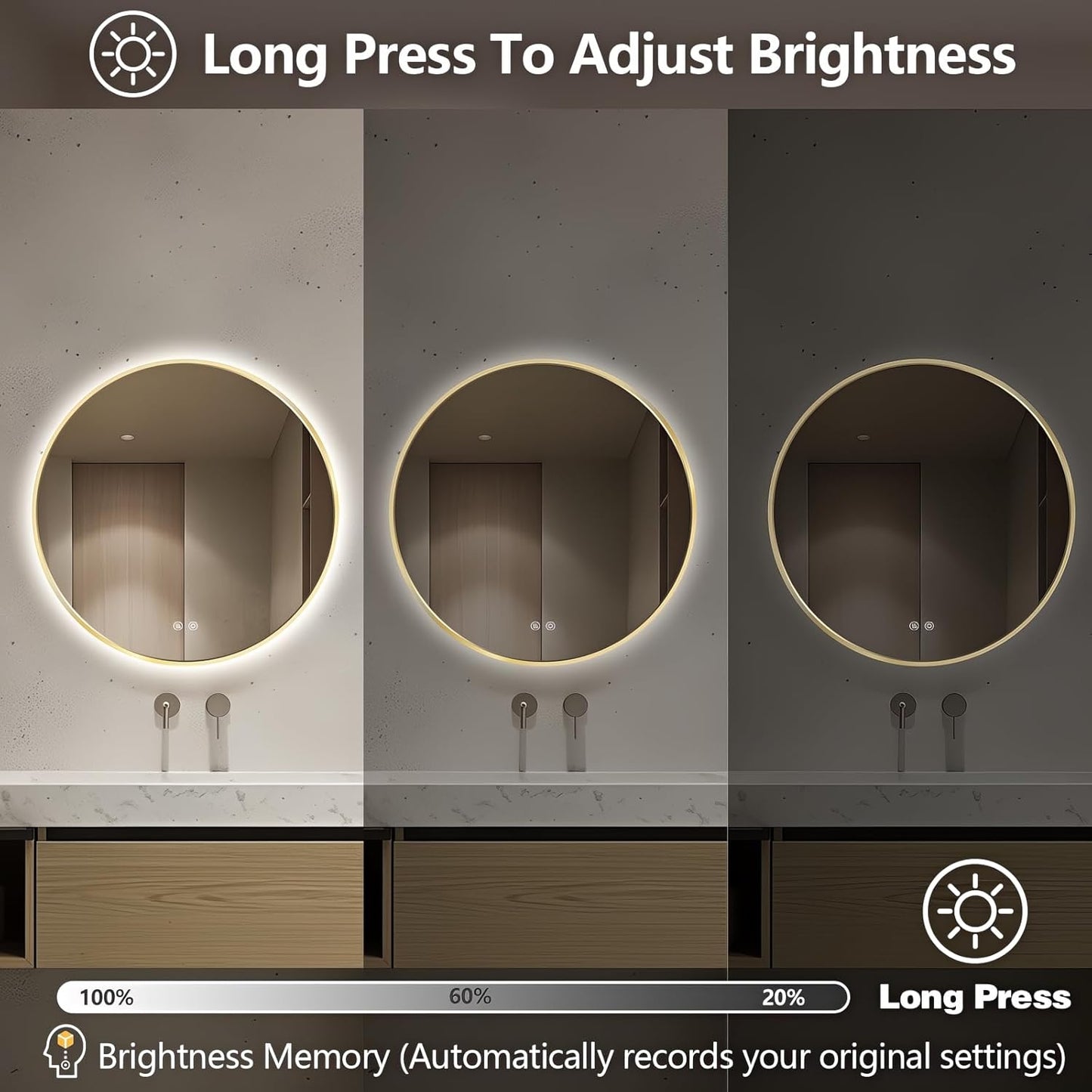 Niccy Round Led Mirror for Bathroom, 24" Backlit Mirrors for Wall Circle Lighted Mirror with Old Gold Frame Anti-Fog, 3 Colors, HD Glass and IP65 Waterproof