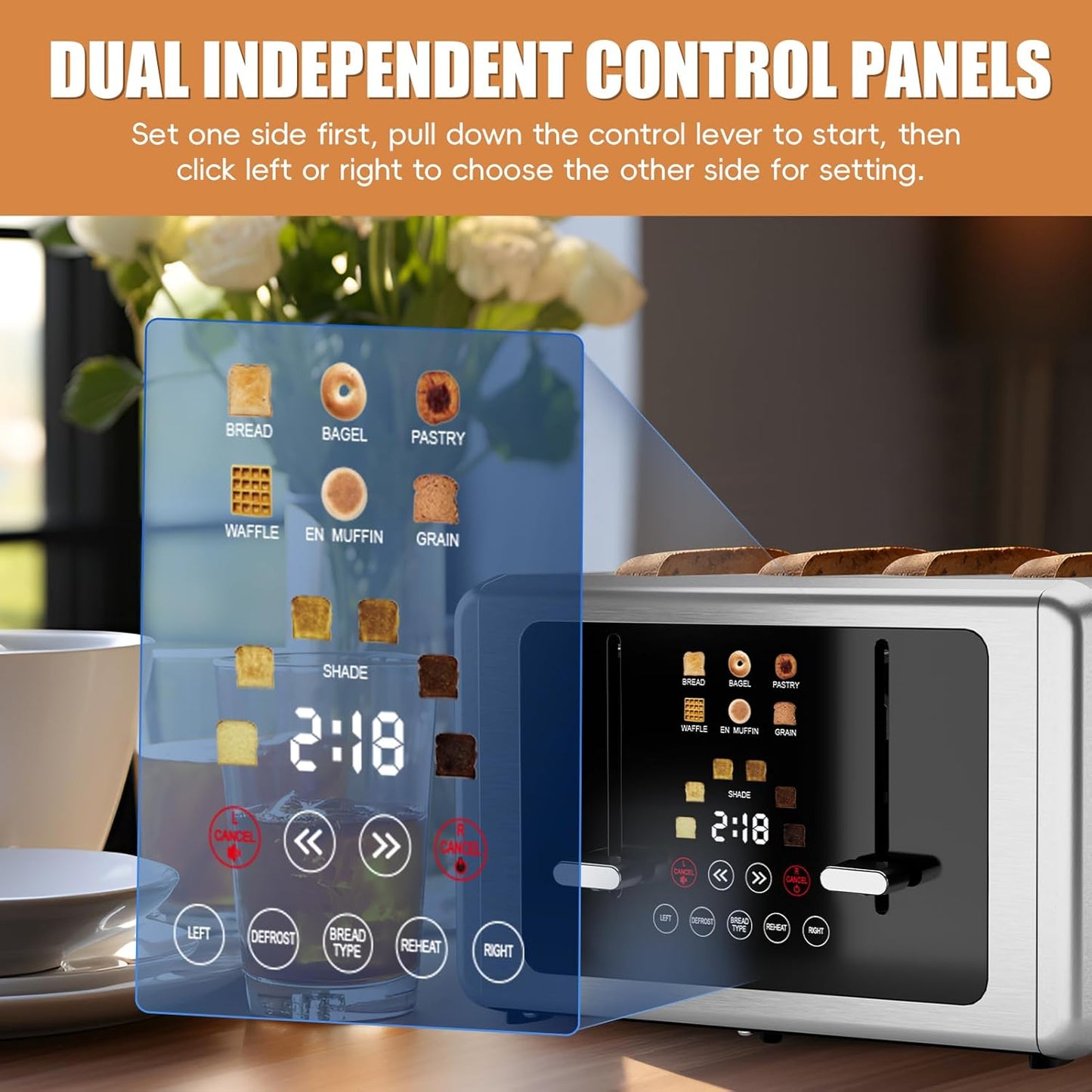 4 Slice Toaster, Touchscreen & Dual Independent Control Panel，5 Basic Functions & Digital Countdown Toasters, 6 Shade Settings＆6 Bread Types, Smart Bread Maker Mute/Screen-Off,Stainless steel