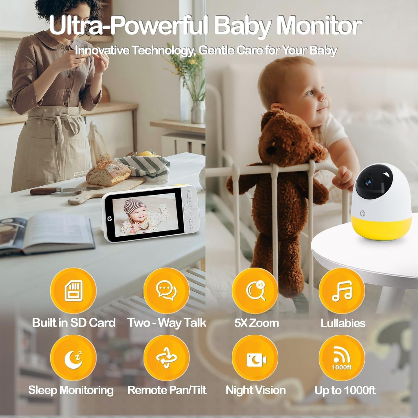 Ellie Pro Baby Monitor with 2 Cameras,5'' IPS 2K UHD Resolution,6000mAh Battery, Remote Pan-Tilt-5X Zoom, 2-Way Talk,No WiFi, Night Vision, Virtual Fence and 1000ft Range