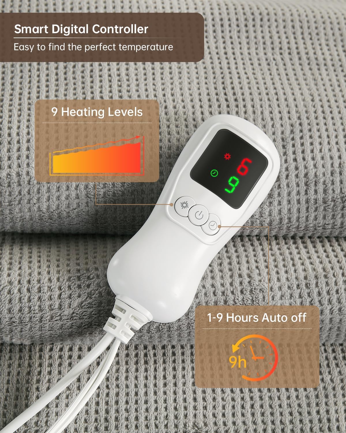 Electric Heated Blanket Queen Size, Washable Blanket Warmer with Dual Control for Home for Adults, Super Cozy Soft Fabric, 84" x 90", 9 Heat Levels, 1-9H Auto-Off, ETL Certified, Gray