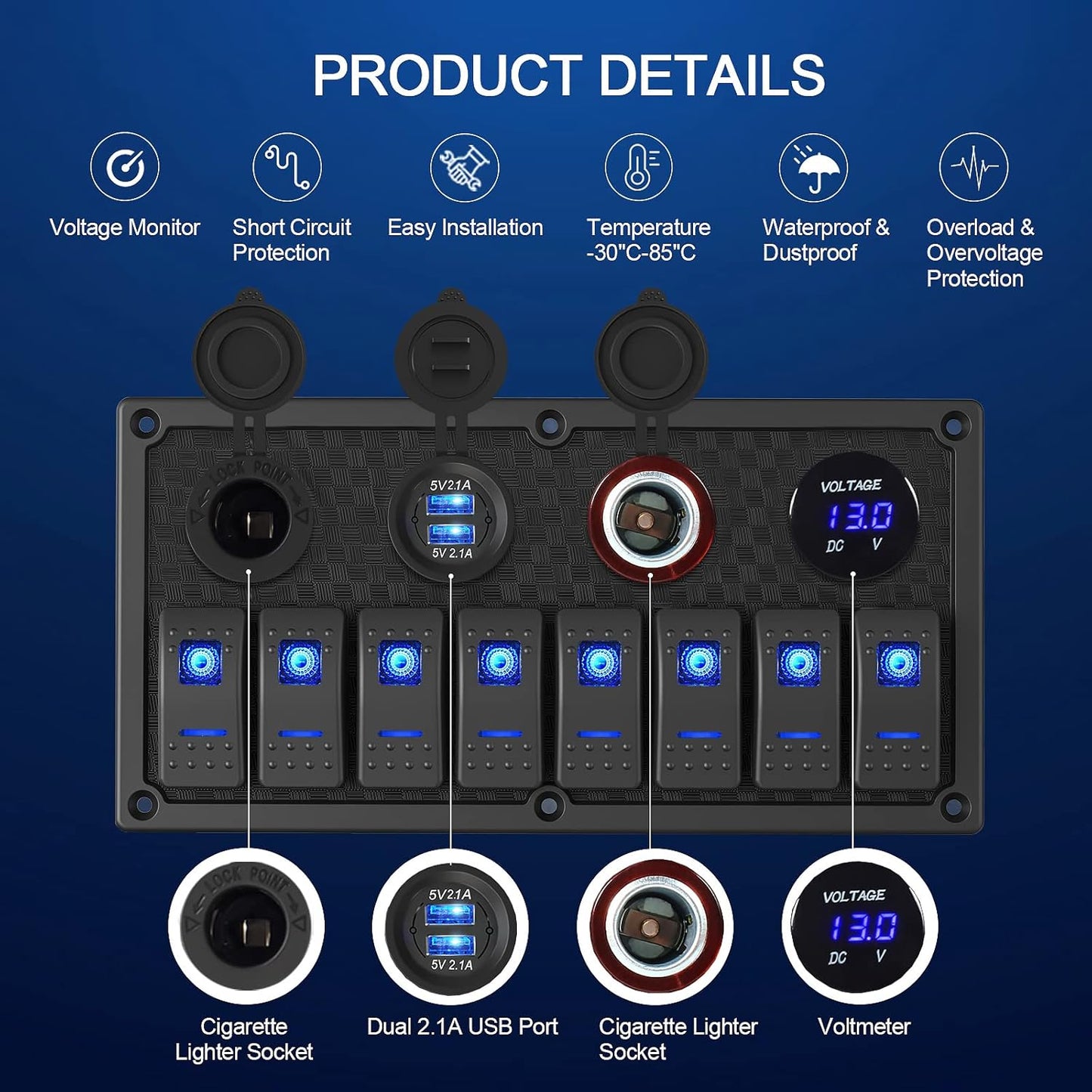 Marine Boat Rocker Switch Panel,Waterproof 8 Gang Toggle Switch Panel with Dual USB and Voltmeter Panel for RVs, Cars, Boats, Trucks,Trailers - 12-24V