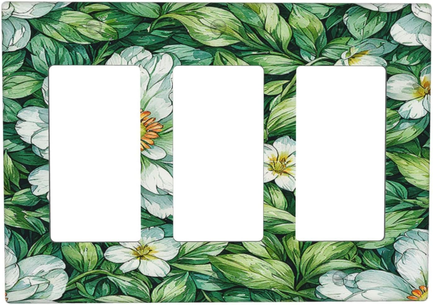 Vintage Floral White Flowers Green Plants Leaves Light Switch Covers 3 Gang Rocker Decorative Triple Outlet Wall Plate Cover Electrical GFCI Switchplate for Bedroom Bathroom Decor