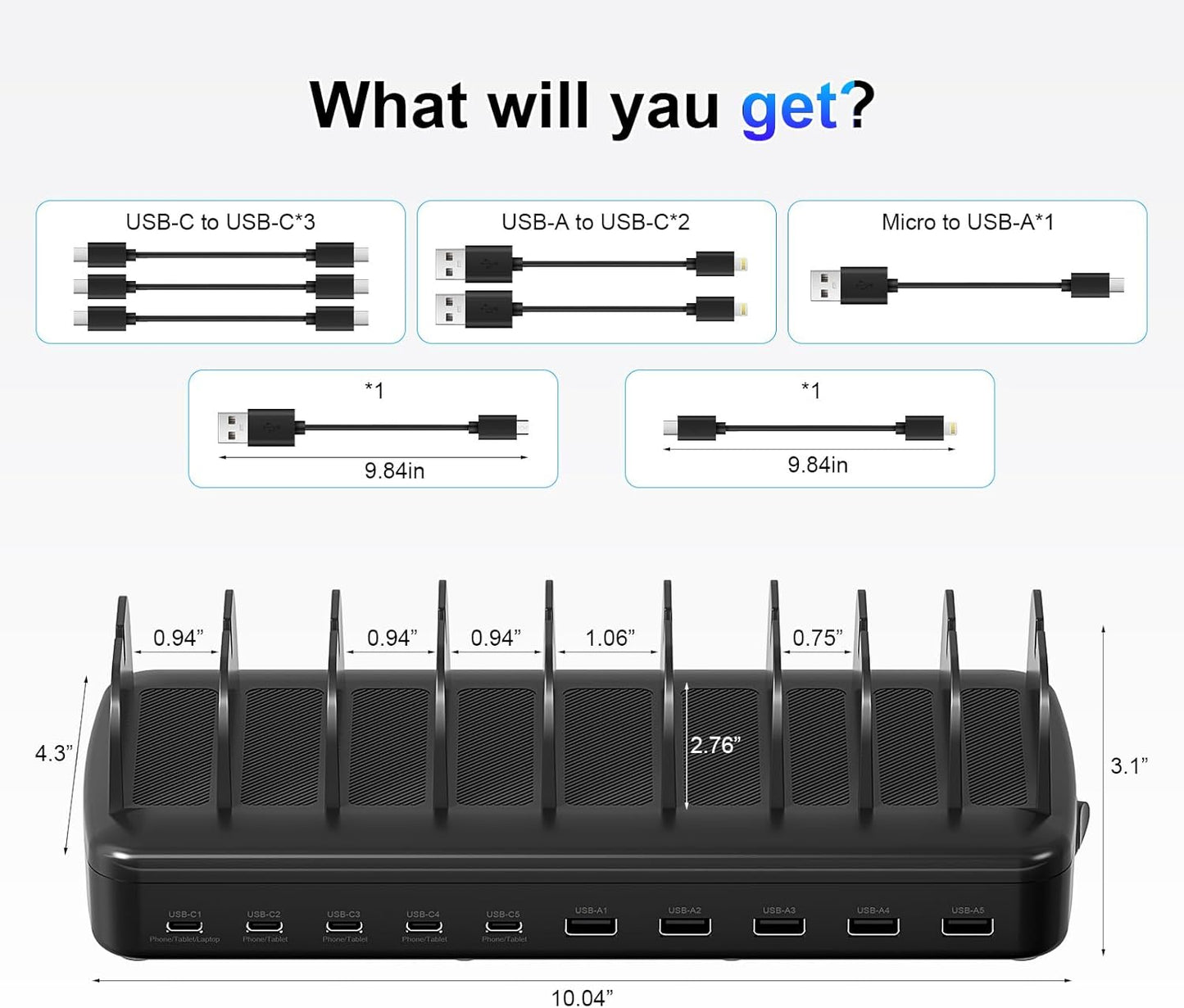 510W Fast Charging Station for Multiple Devices, 10 Port USB C Charger Station with Flame-Retardant Material & 8 Cables for iPhone, Android, iPad, Tablets, Family Office Desk Charging Dock Organizer