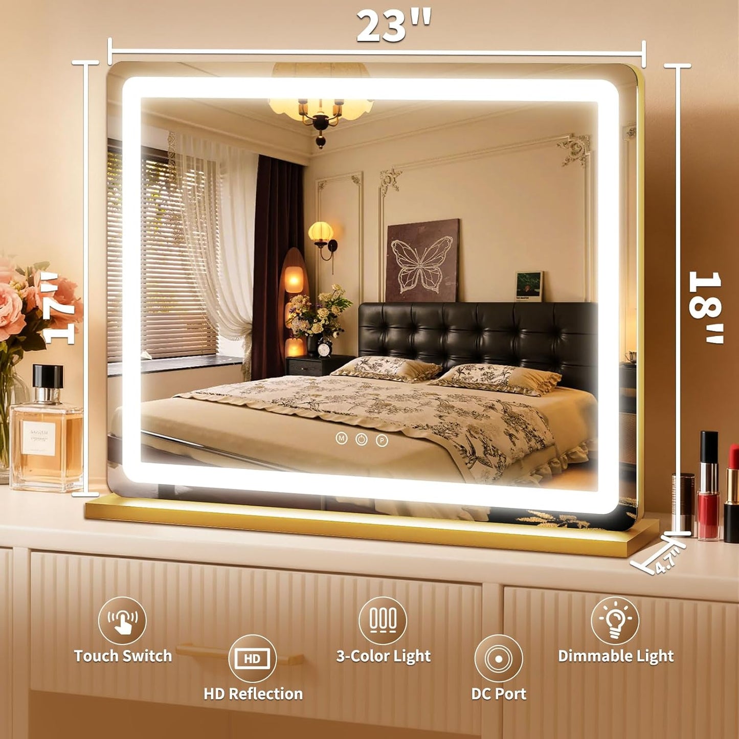ROLOVE Vanity Mirror with Lights 23x18 Inch, Gold Lighted Makeup Mirror, 3 Color Modes, Smart Touch Dimming, Large Vanity Mirror for Desk, Bathroom, Wall