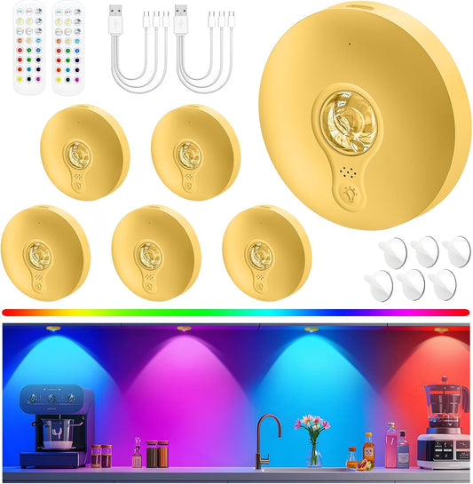 Rechargeable Puck Lights with Remote, 6 Pack Magnetic Under Cabinet Lighting, 1500mAh Battery Operated LED Tap Lights with Dimmer & Timmer for Kitchen, Closet, Shelf - 3 Color Temps & 12 RGB, Gold
