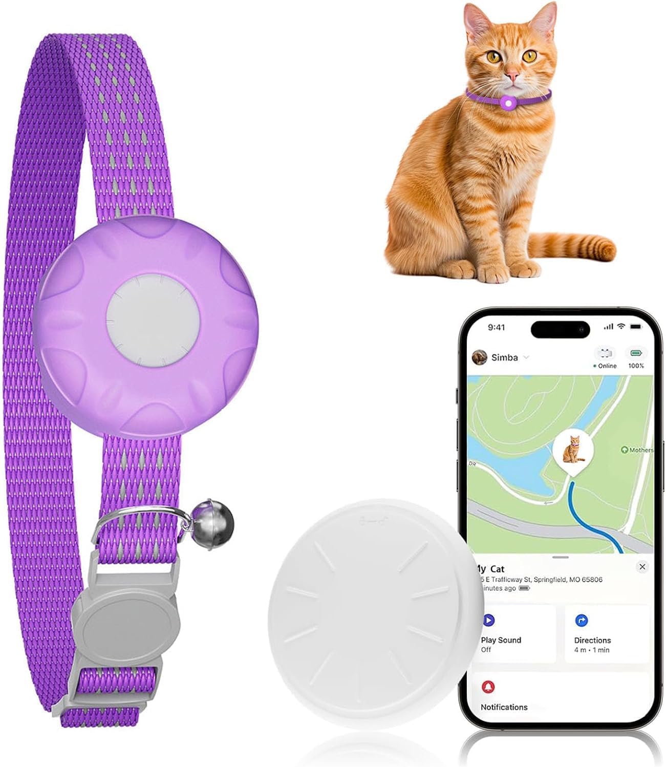 Cat Tracker, Waterproof Pet Tracker for Cats, Cat GPS Tracker Compatible with Apple Find My App (Only iOS), No Monthly Fee, Purple