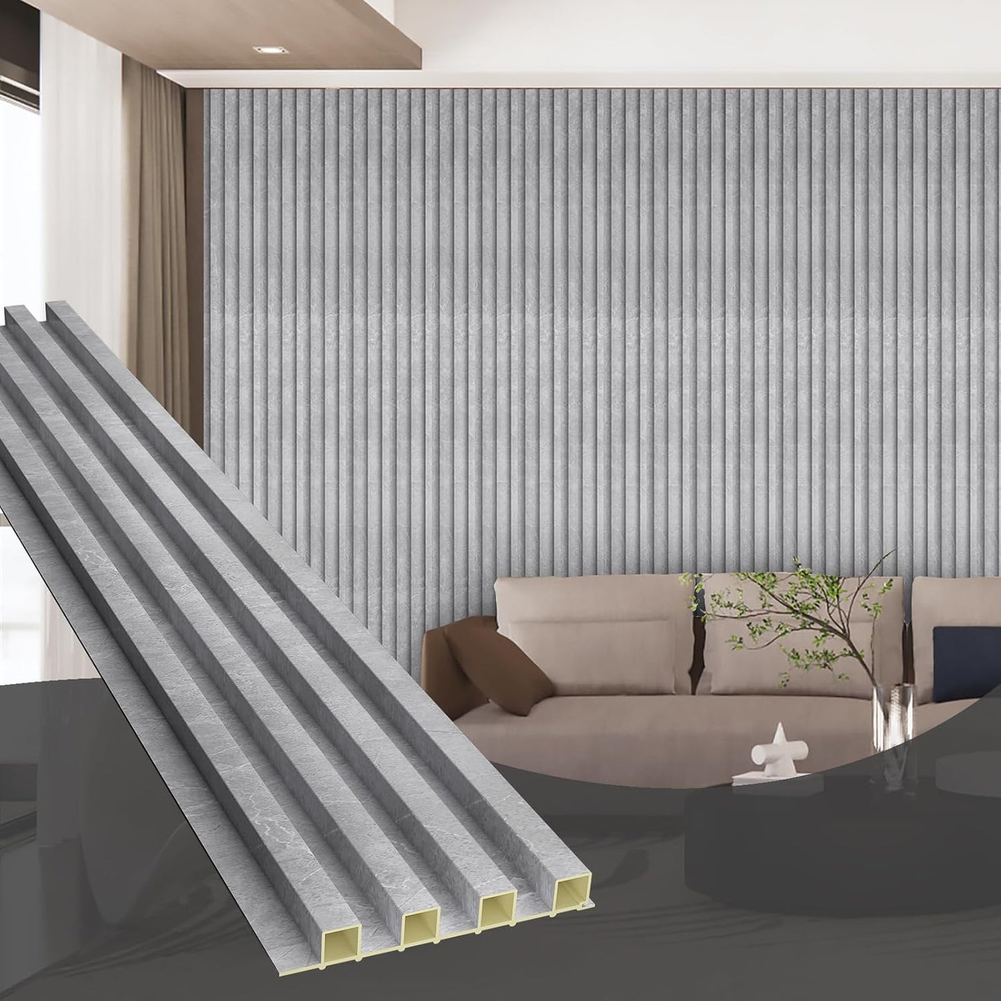 OUZUGIE WPC Acoustic Slat Wall Paneling, 8-Pack 96 x 6 Inches 3D Wall Panels for Interior Wall Decor,Living Room,TV Background,Study Room,Office Spaces,Bedroom,High Grille (Gray Marble)