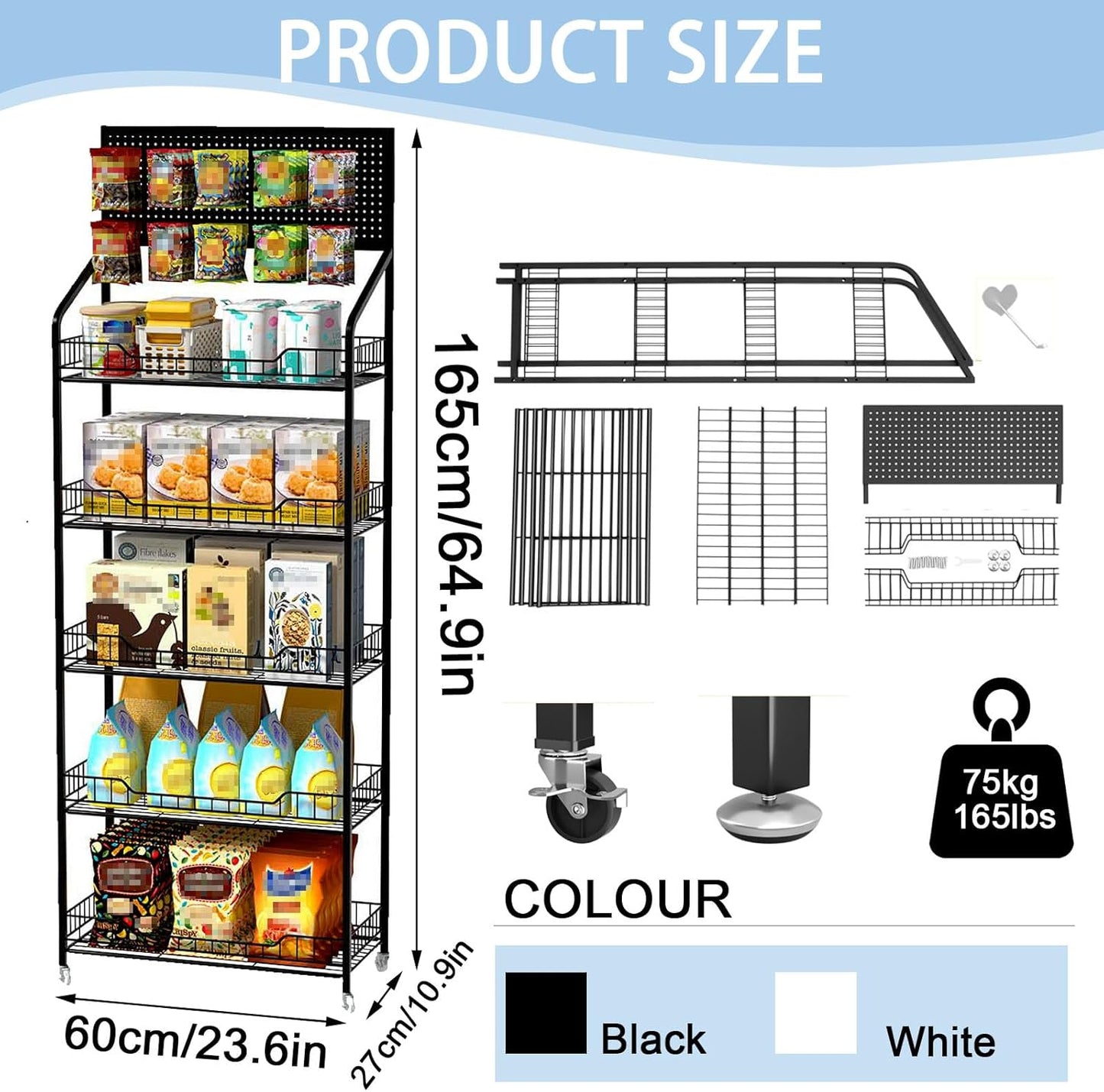 5-Tier Retail Display Rack, Metal Snack Display Stand with Wheels and Hooks, Multi-Functional Shelf, Easy to Assemble, Suitable Storage Rack for Home, Supermarket, Drugstore (Black, 5-Tier)