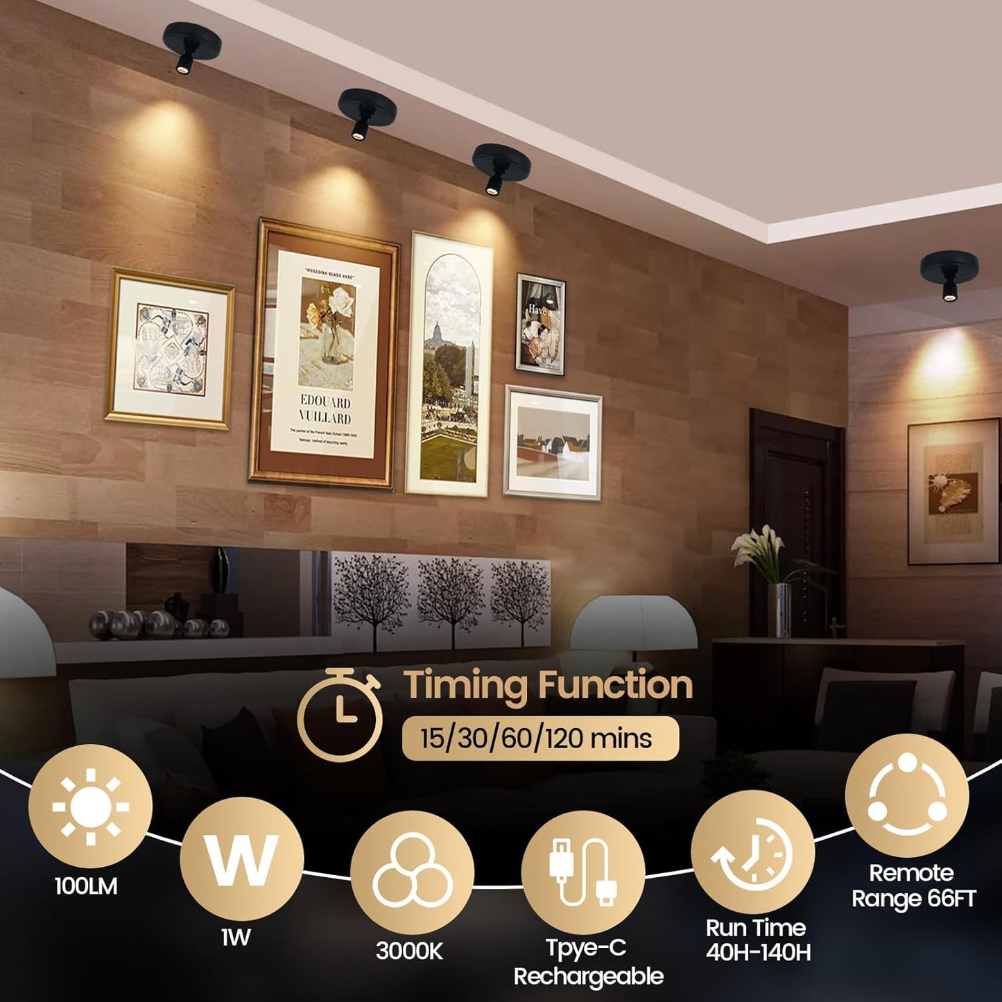 LED Spotlights, Rechargeable Battery Picture Lights, Uplighting Indoor, Spot Light with Remote, Plant & Wall Art Display Dartboard Closet Spotlight-Black
