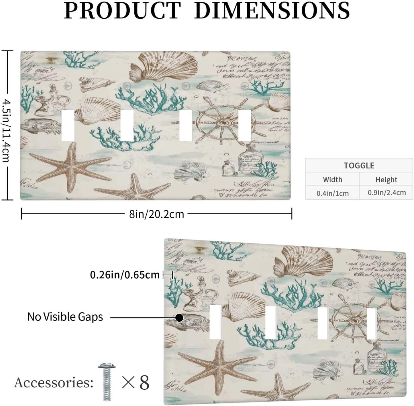 Mid Century Seashells Starfish Compass Light Switch Covers Quad Toggle Electrical Faceplate 4 Gang Wall Plate Decorative Switch Plates For Nursery Kids Room Decor