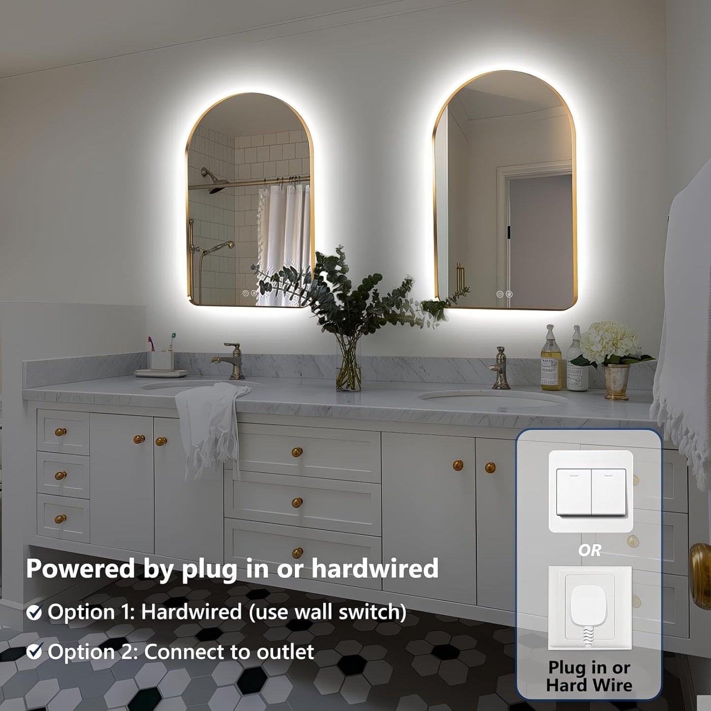 Niccy Arched LED Lighted Bathroom Mirror, 32x20 Inch Backlit Vanity Mirror with Lights Brushed Gold Framed Wall Mounted Mirrors with Dimmable 3 Color Shatterproof Arch Smart Fog Free Mirror