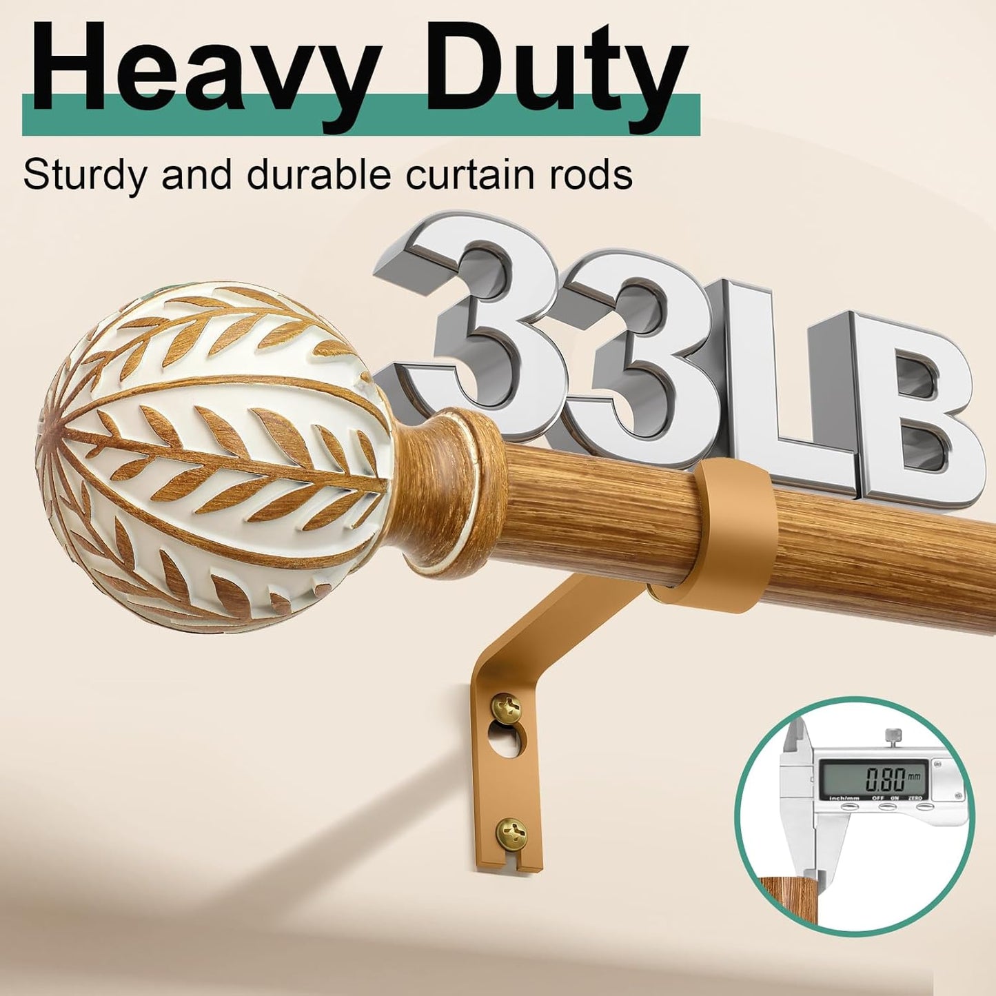 2 Pack Boho Wood Curtain Rods for Windows 48 to 84 inch,1" Adjustable Heavy Duty Window Curtain Rod with Imitation Wood Grain Finials,Rustic Decorative Drapery Rods Set 36-88'',Maple Wood