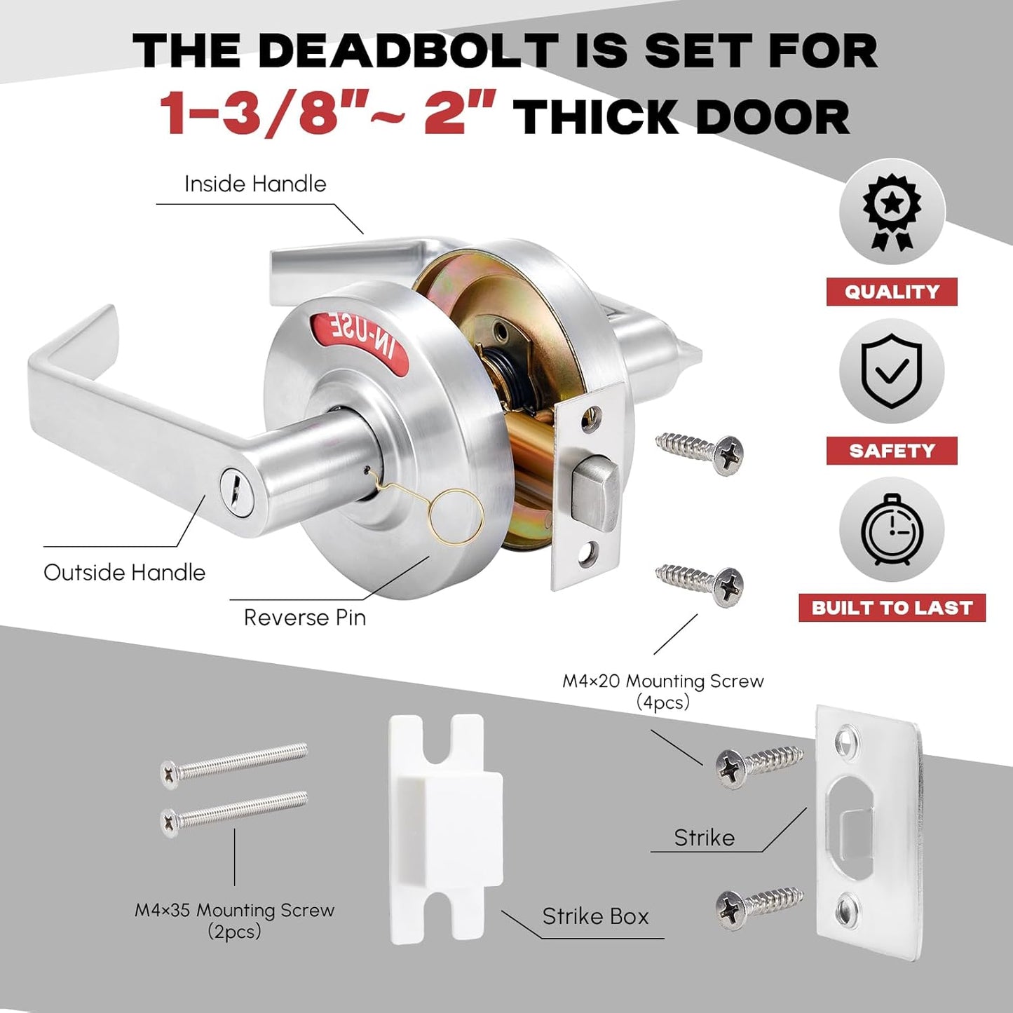 Tandefio 1 Set Vacant Occupied Bathroom Lock, Commercial Door Handle with in-use or Vacancy Occupied Deadbolt, Privacy Indicator Restroom Handle Lock for Restrooms, Satin Chrome (90mm,Silver)