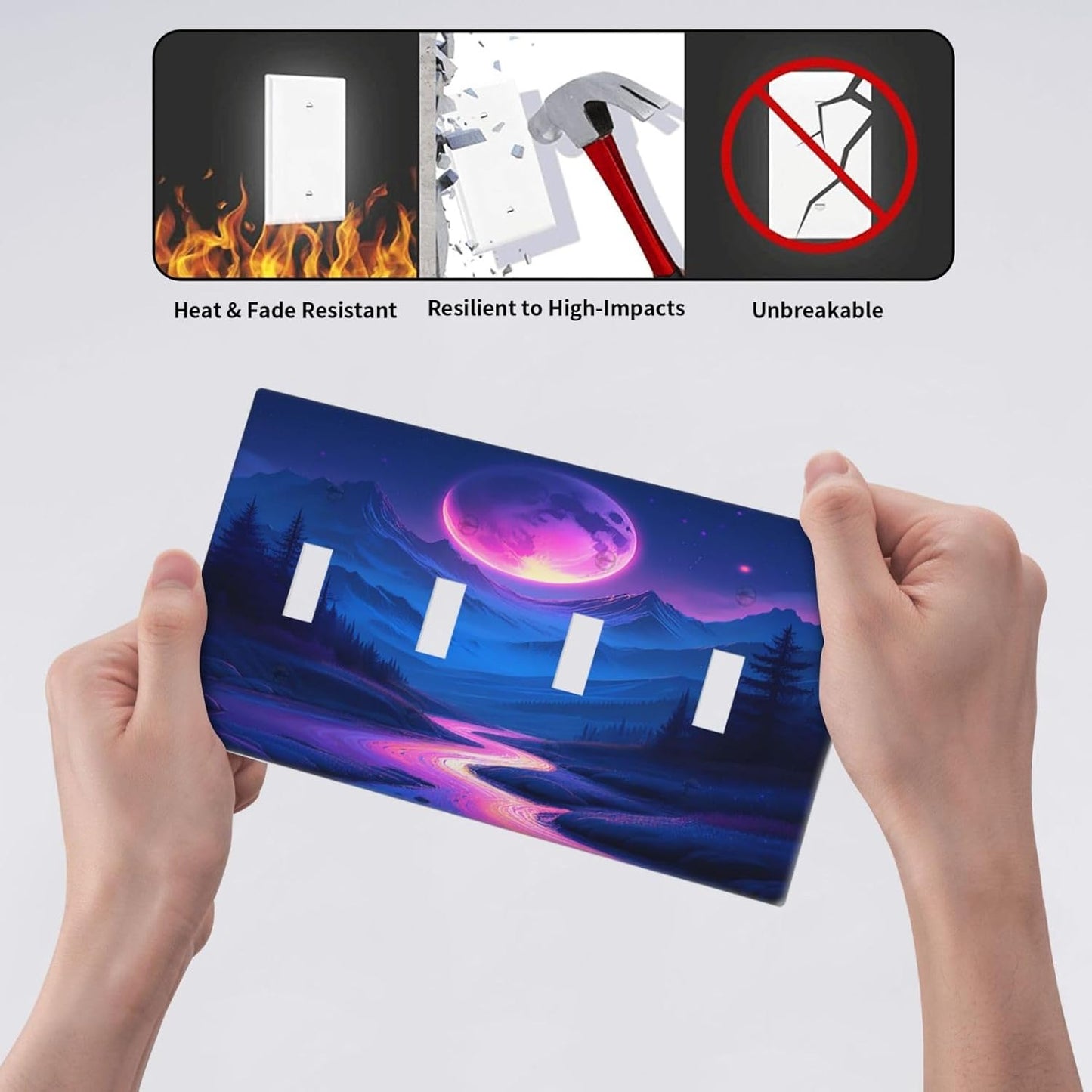 Purple Cyberpunk River Full Moon Mountain Forest Light Switch Covers Quad Toggle 4 Gang Wall Plate Decorative Switch Plates Electrical Faceplate for Bedroom Bathroom Decor
