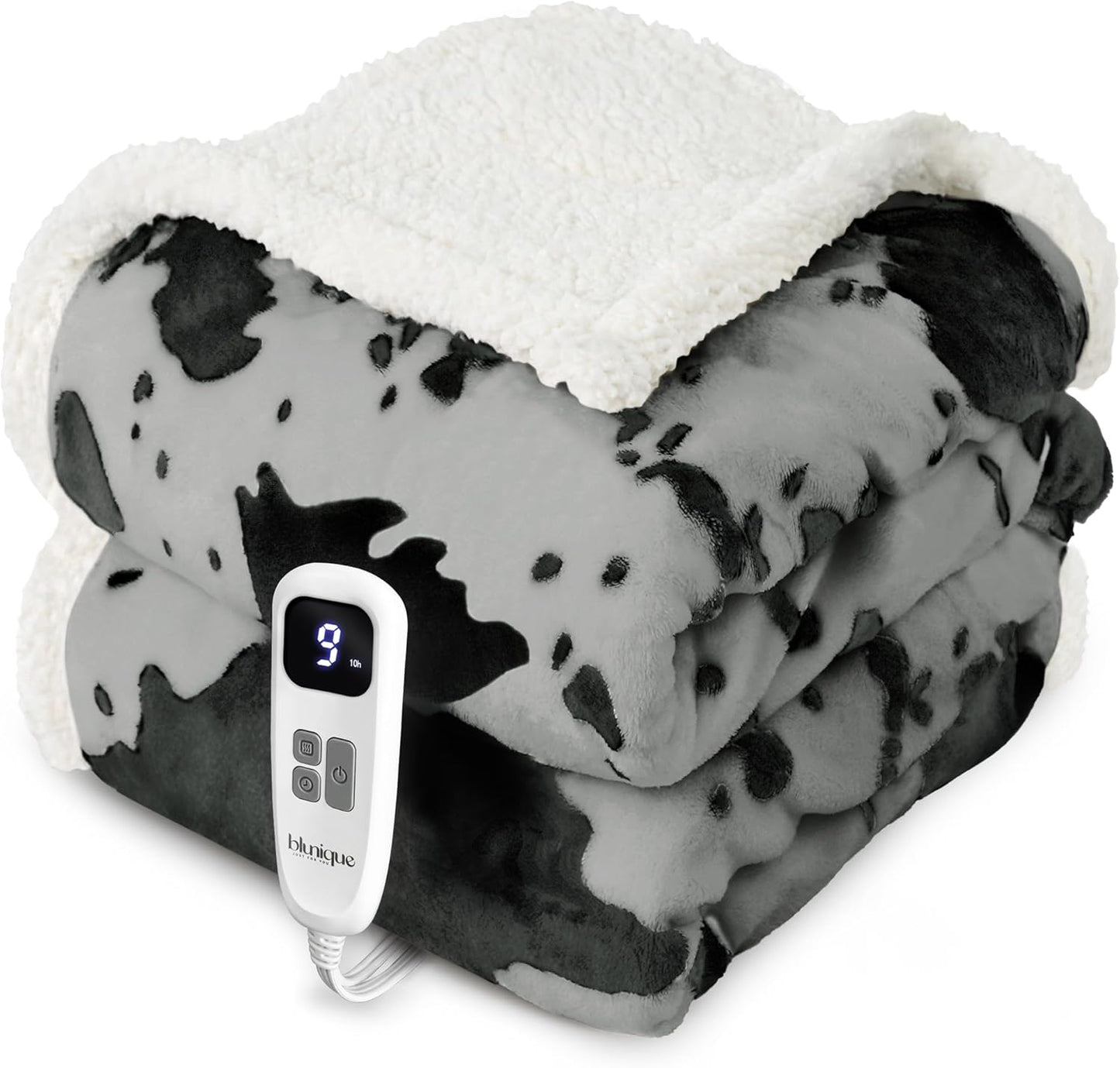 Cow Print Heated Throw Blanket Electric Blanket-Heating Blanket Throw with 10 Heat Levels & 10 Hours Auto-Off, Cozy Soft Fleece Sherpa, Washable, 50 x 60 Inches Cow Print Grey