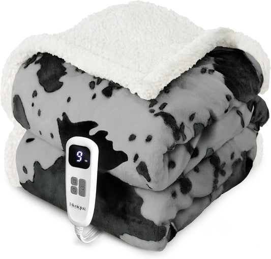 Cow Print Heated Throw Blanket Electric Blanket-Heating Blanket Throw with 10 Heat Levels & 10 Hours Auto-Off, Cozy Soft Fleece Sherpa, Washable, 50 x 60 Inches Cow Print Grey