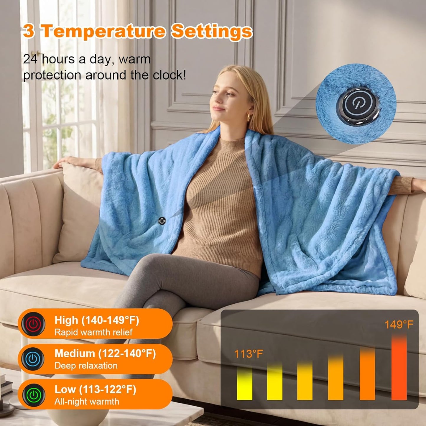 Cordless Heated Blanket Battery Operated with Fleece Lining 7.4V 16000mAh Battery Portable Wearable Heated Shawl for Women Men 6 Heating Zones 3 Fast-Heating Levels (Battery Included)