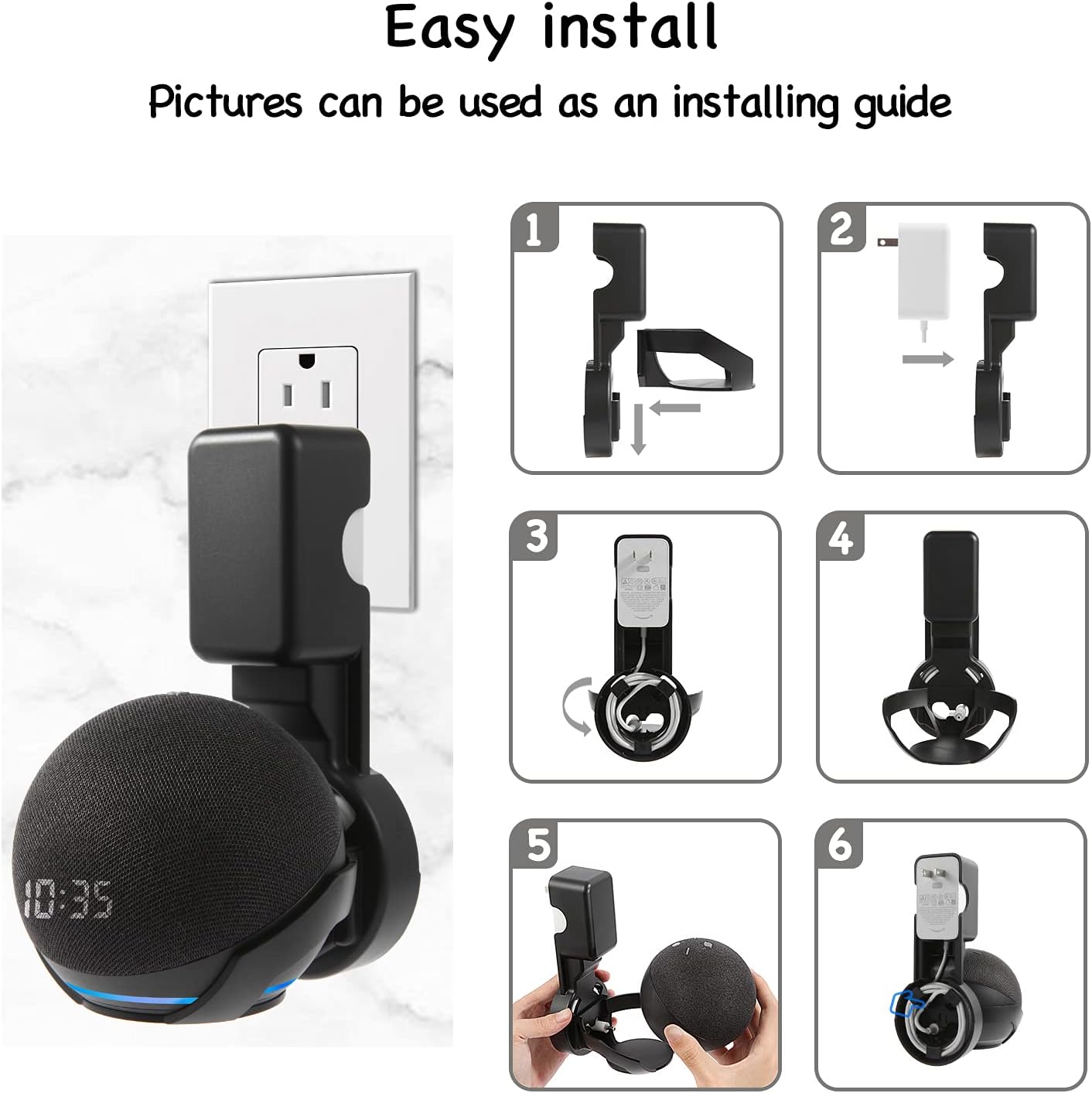 Wall Mount Holder for Dot 4th/5th Generation, Outlet Hanger for Dot 45h/5th Gen, Smart Speaker Stand, Space-Saving Accessories, Built-in Cable Management Shelf(2 Pack,Black)