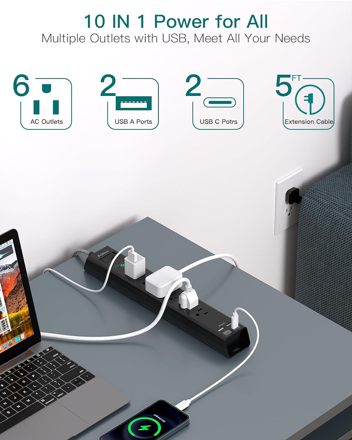 Surge Protector Power Strip - Extension Cord with Addtam 6 AC Outlets 4 USB (2 USB-C Ports), 1875W/15A, Flat Plug with Overload Surge Protection, Outlet Extender for Home Office Dorm Room Essentials
