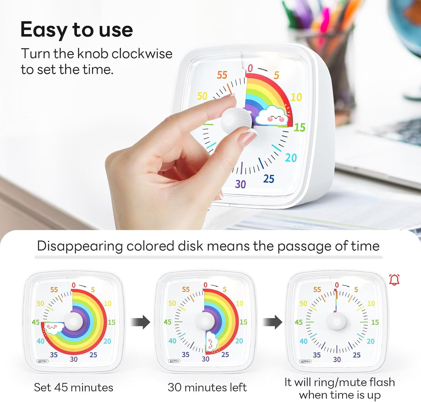 Yunbaoit Visual Timer with Night Light, 60-Minute Rainbow Countdown Timer for Kids and Adults, Time Management Tool for Home, School, Kitchen, or Office (White)