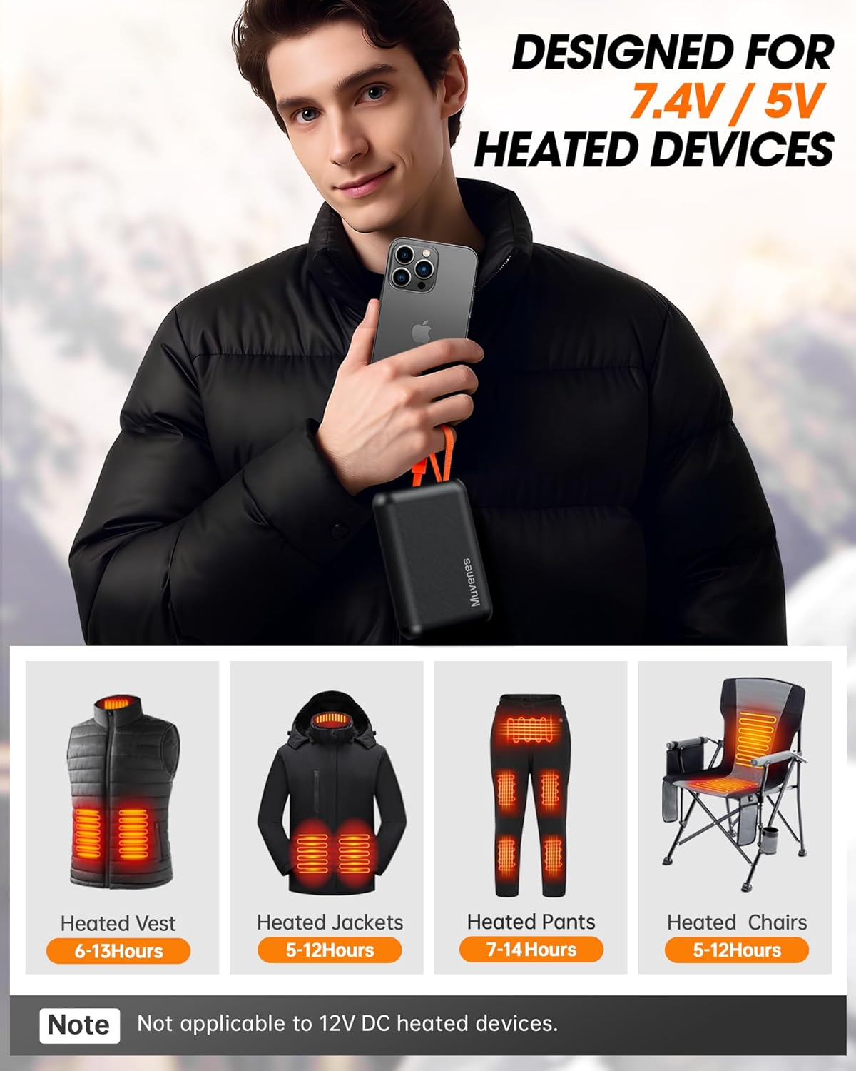 7.4V 20000mAh Heated Vest Battery Pack Compatible with ORORO, with Venustas, Rechargeable Outdoor Power Bank with Built-in USB-C Cable, DC/USB Ports for Heated Vests, Jackets, and Pants