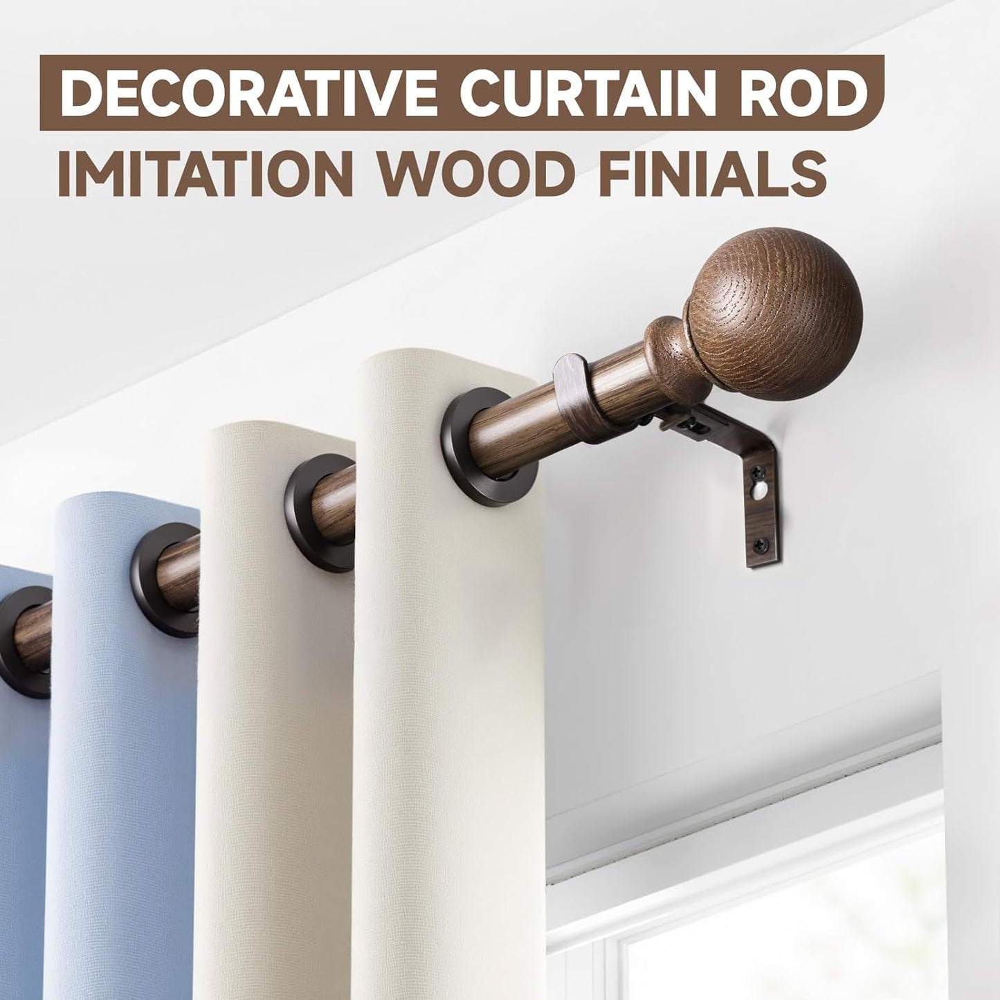 BRIOFOX Walnut Wood Curtain Rods for Windows 28 to 48 Inch(2.3-4ft)- 1'' Diameter Heavy Duty Curtain Rods with Imitation Wood Grain Pattern Finials,Adjustable Decorative Curtain Rods Set,28-48''